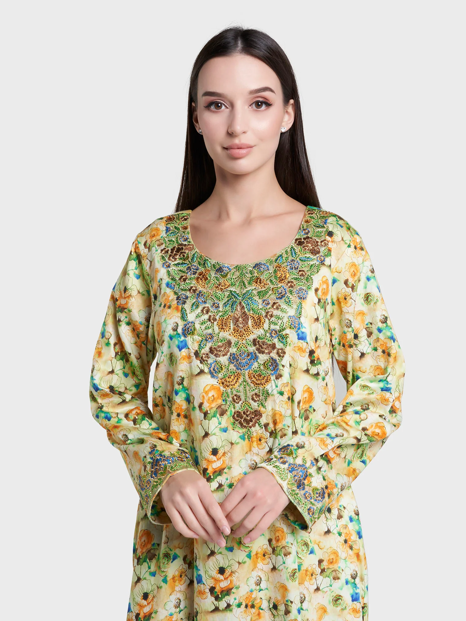 Lime Green Floral Print Cotton Satin Mukhawar Jalabiya (VG3250)