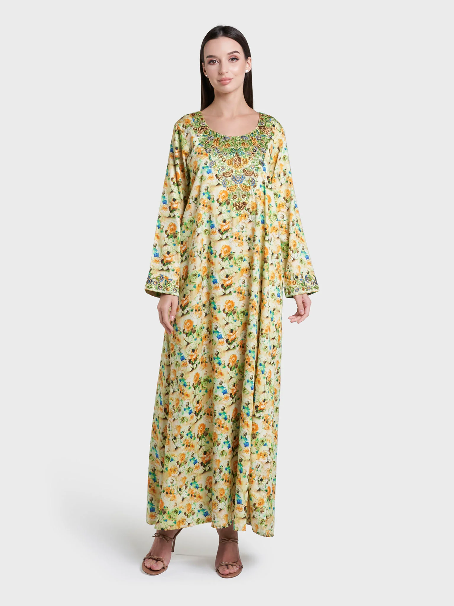 Lime Green Floral Print Cotton Satin Mukhawar Jalabiya (VG3250) - Image 2
