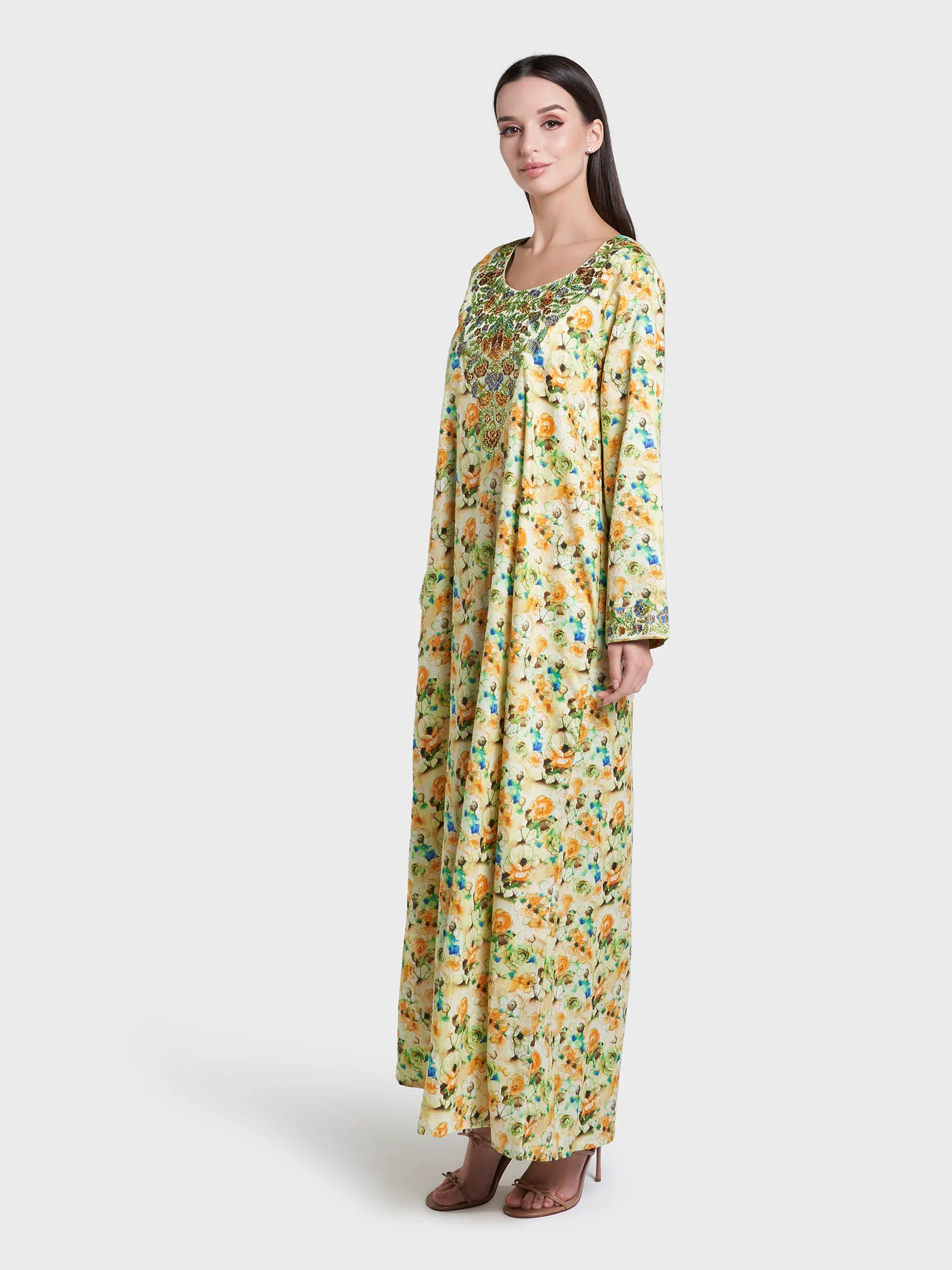 Lime Green Floral Print Cotton Satin Mukhawar Jalabiya (VG3250) - Image 3
