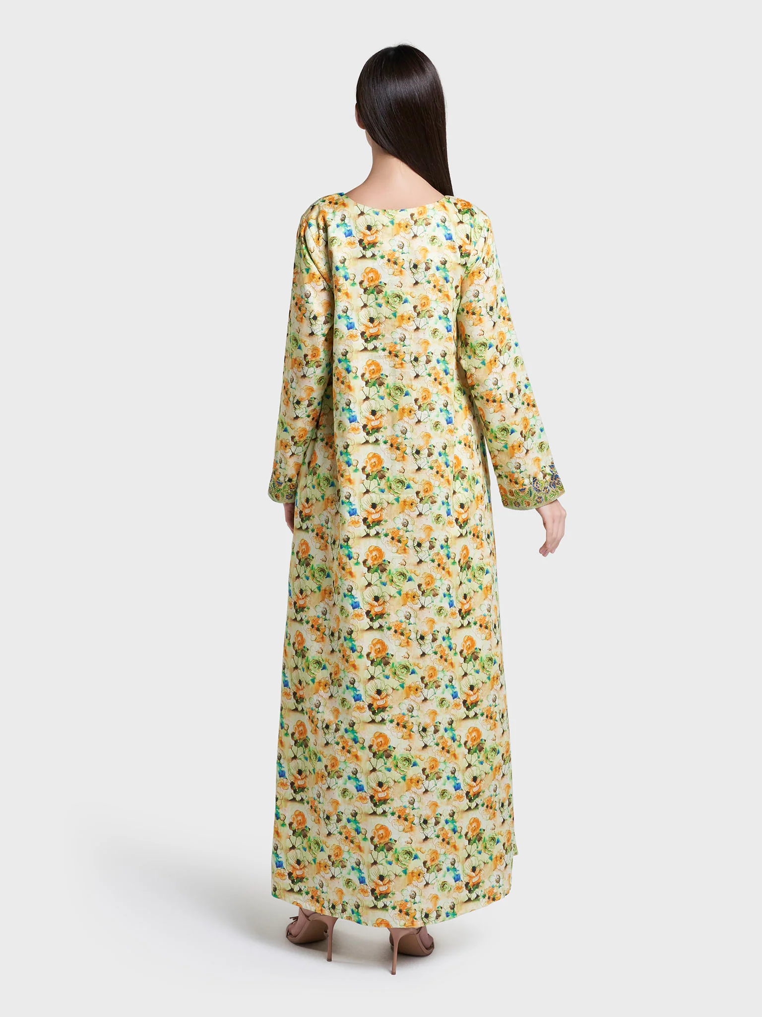 Lime Green Floral Print Cotton Satin Mukhawar Jalabiya (VG3250) - Image 4