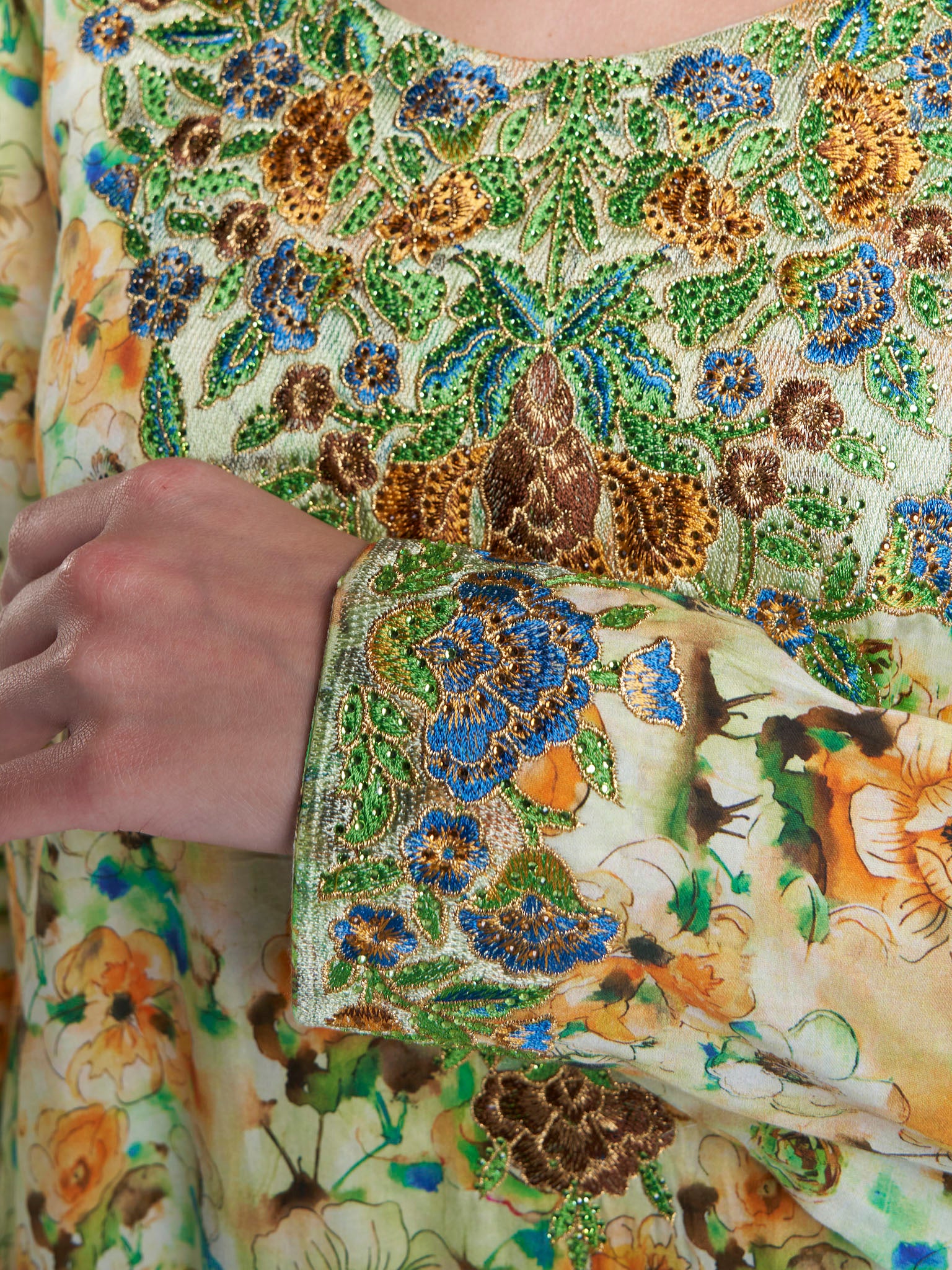 Lime Green Floral Print Cotton Satin Mukhawar Jalabiya (VG3250) - Image 5