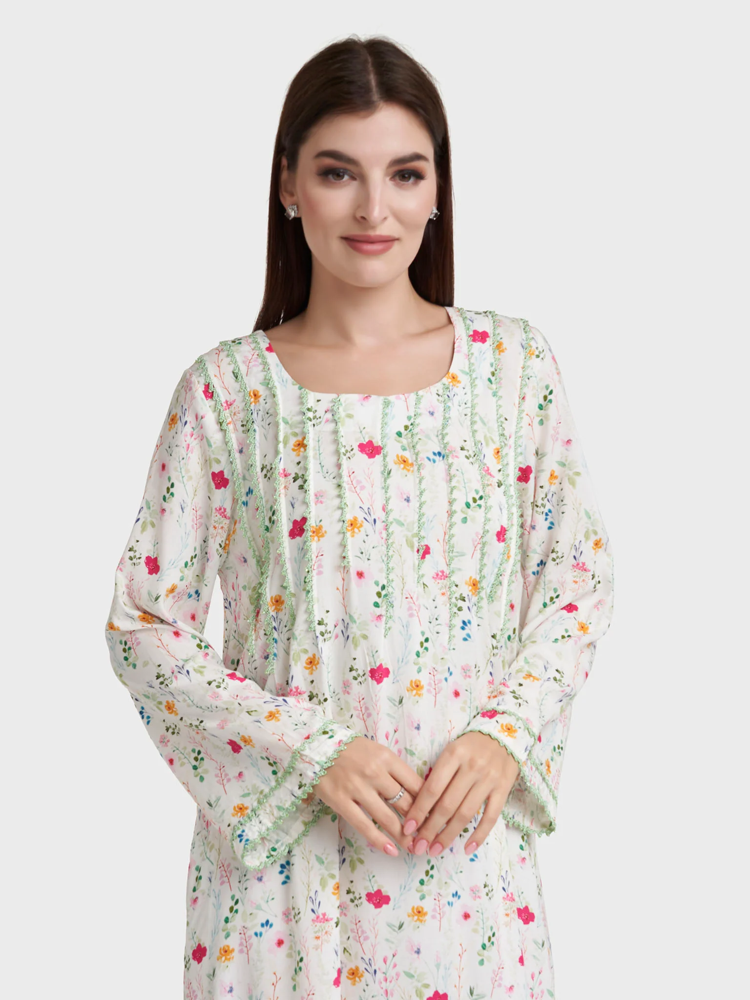 Off White Rayon Floral Print Jalabiya (VSG352)