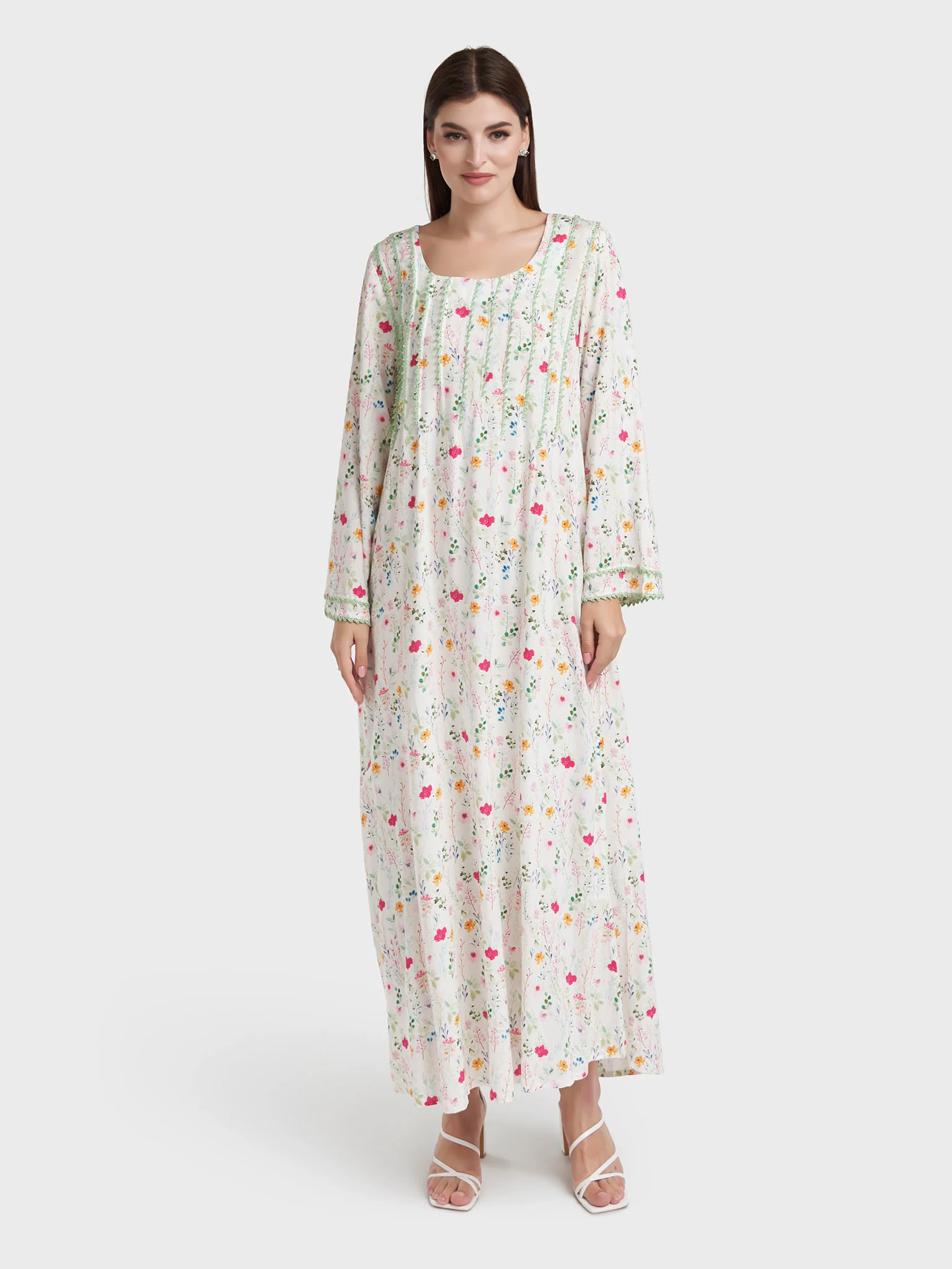 Off White Rayon Floral Print Jalabiya (VSG352) - Image 2