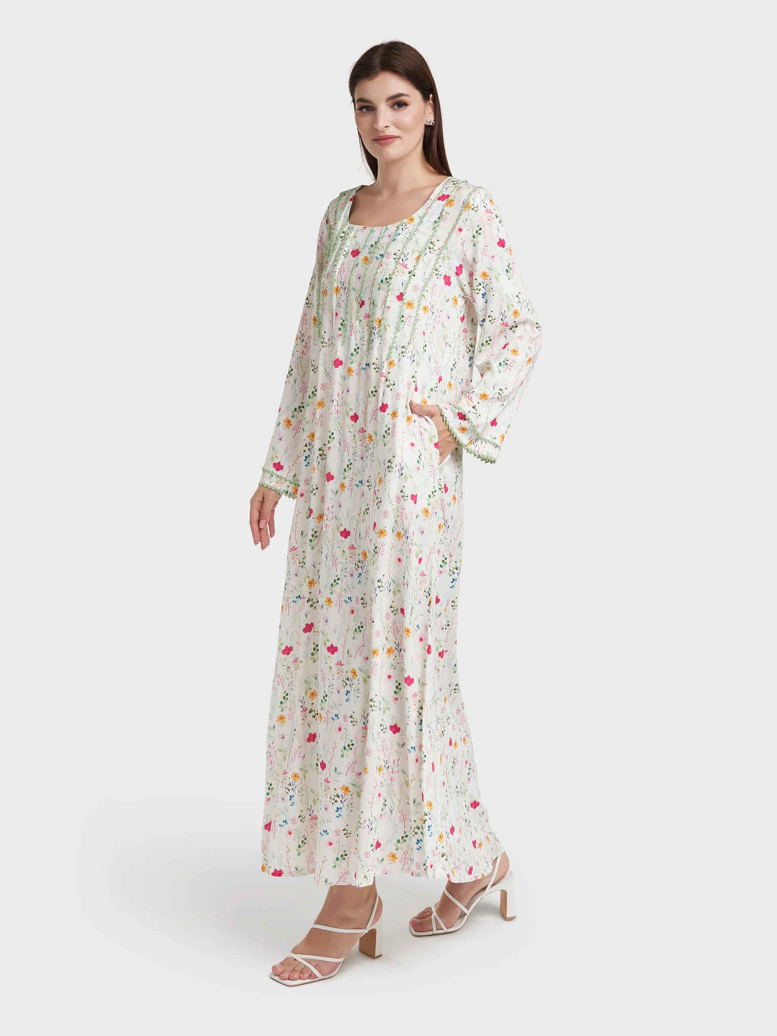 Off White Rayon Floral Print Jalabiya (VSG352) - Image 3