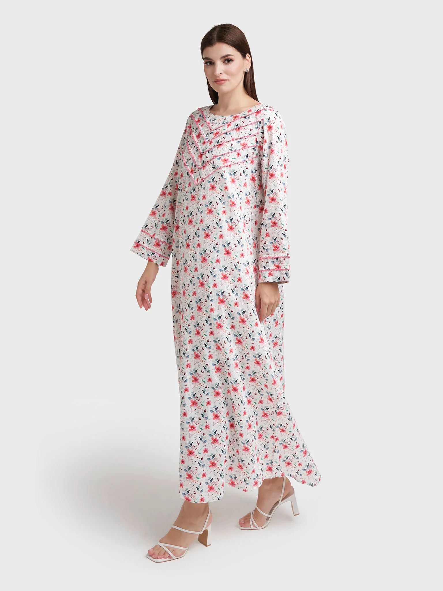 Red Cotton Satin Floral Print Jalabiya (VSG354) - Image 3
