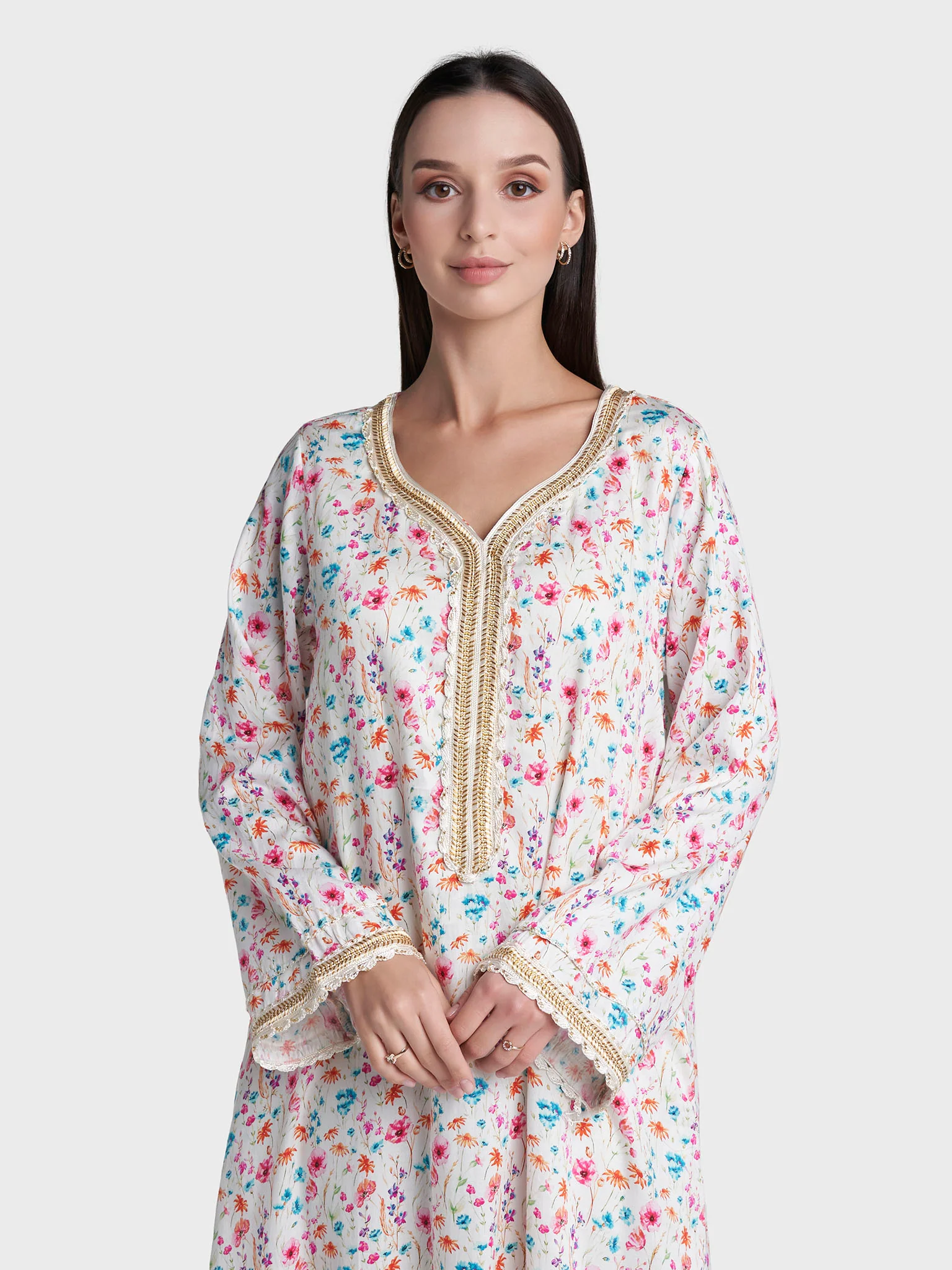 Off White Colour Lace Work Cotton Satin Floral Printed Jalabiya (VSG367)