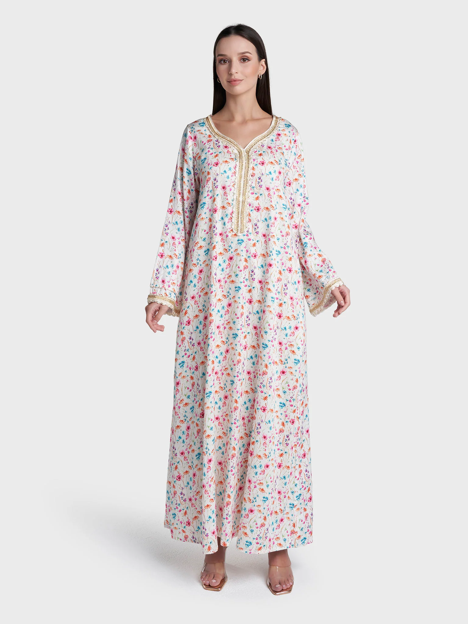Off White Colour Lace Work Cotton Satin Floral Printed Jalabiya (VSG367) - Image 2