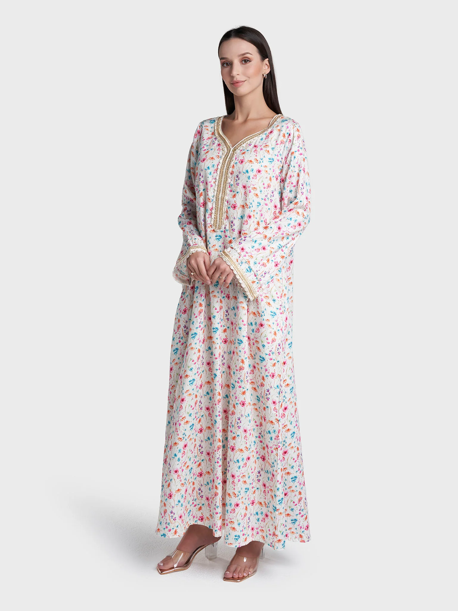 Off White Colour Lace Work Cotton Satin Floral Printed Jalabiya (VSG367) - Image 3