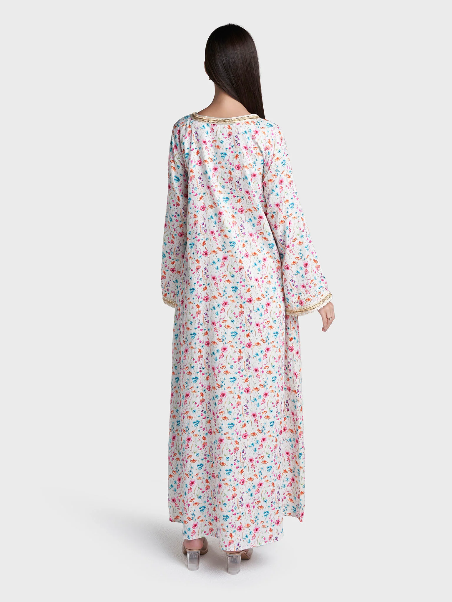 Off White Colour Lace Work Cotton Satin Floral Printed Jalabiya (VSG367) - Image 4