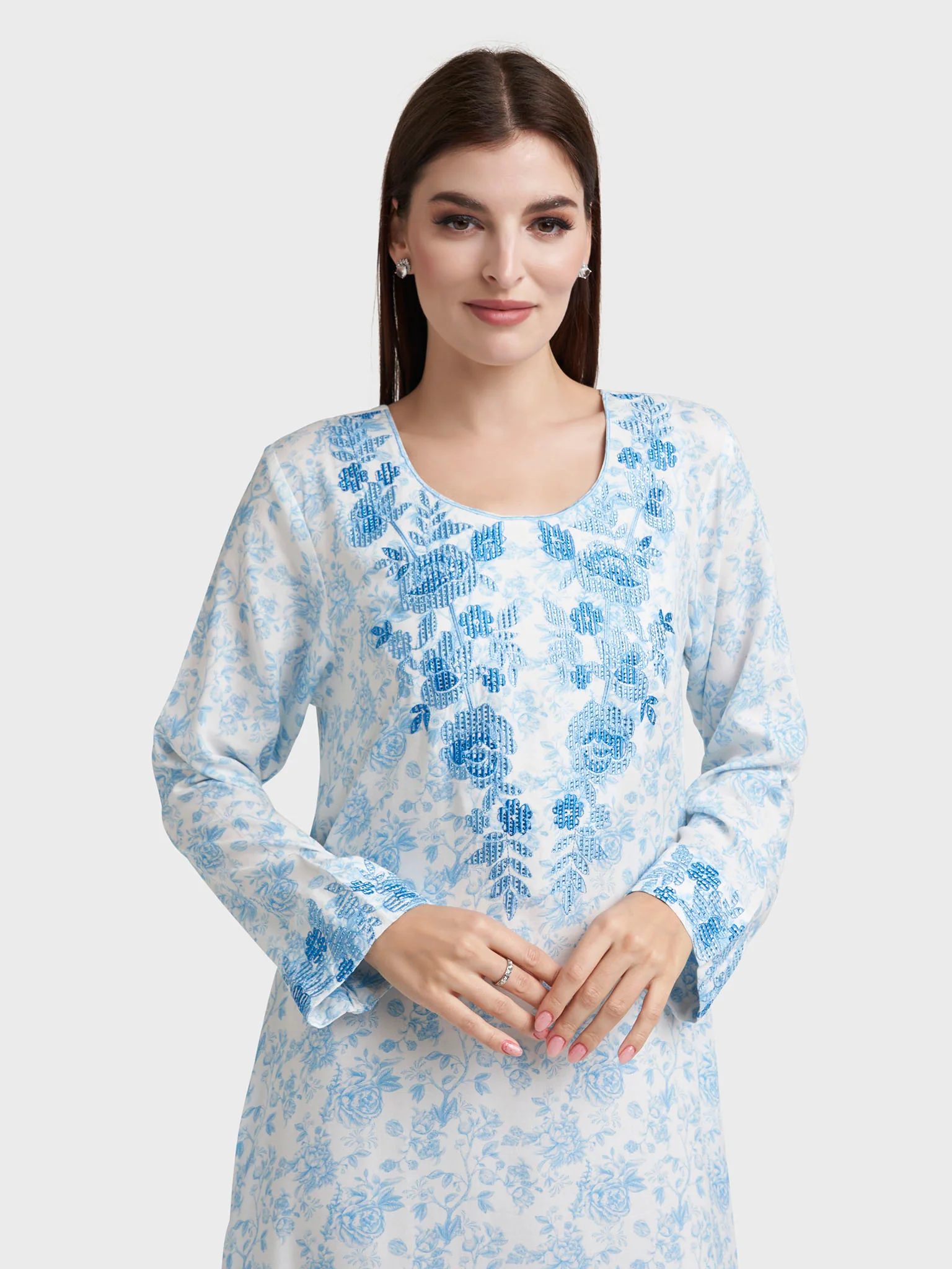 Blue Rayon Floral Print Embroidered Jalabiya (VW357)