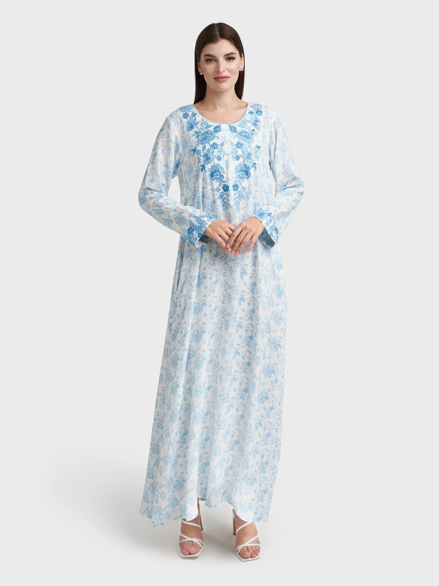 Blue Rayon Floral Print Embroidered Jalabiya (VW357) - Image 2