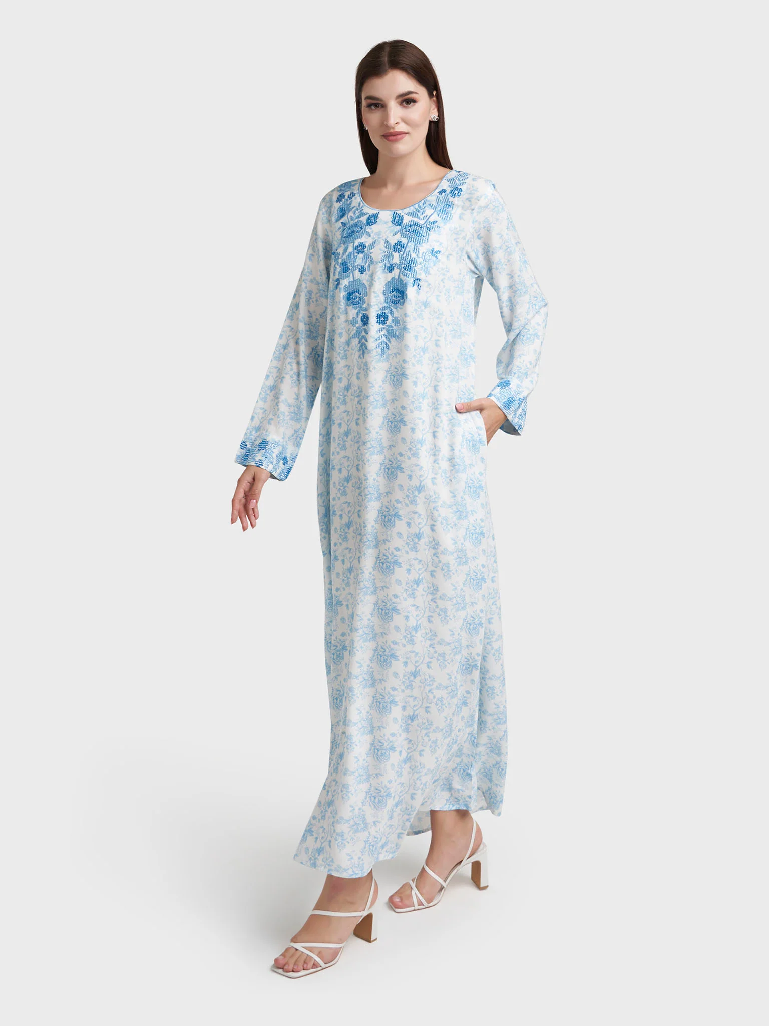 Blue Rayon Floral Print Embroidered Jalabiya (VW357) - Image 3