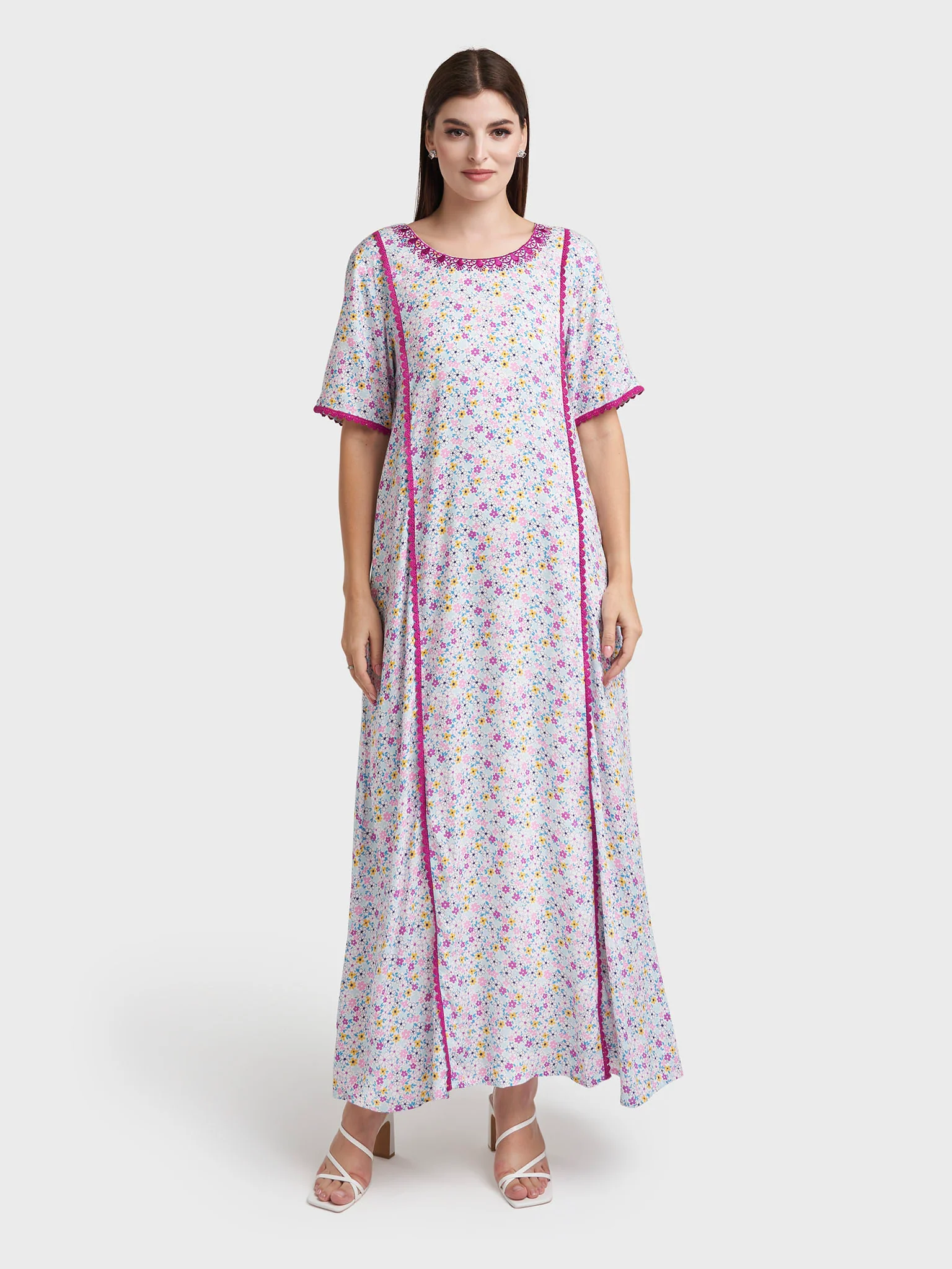 Purple Rayon Floral Print Embroidered Jalabiya (VW374) - Image 2