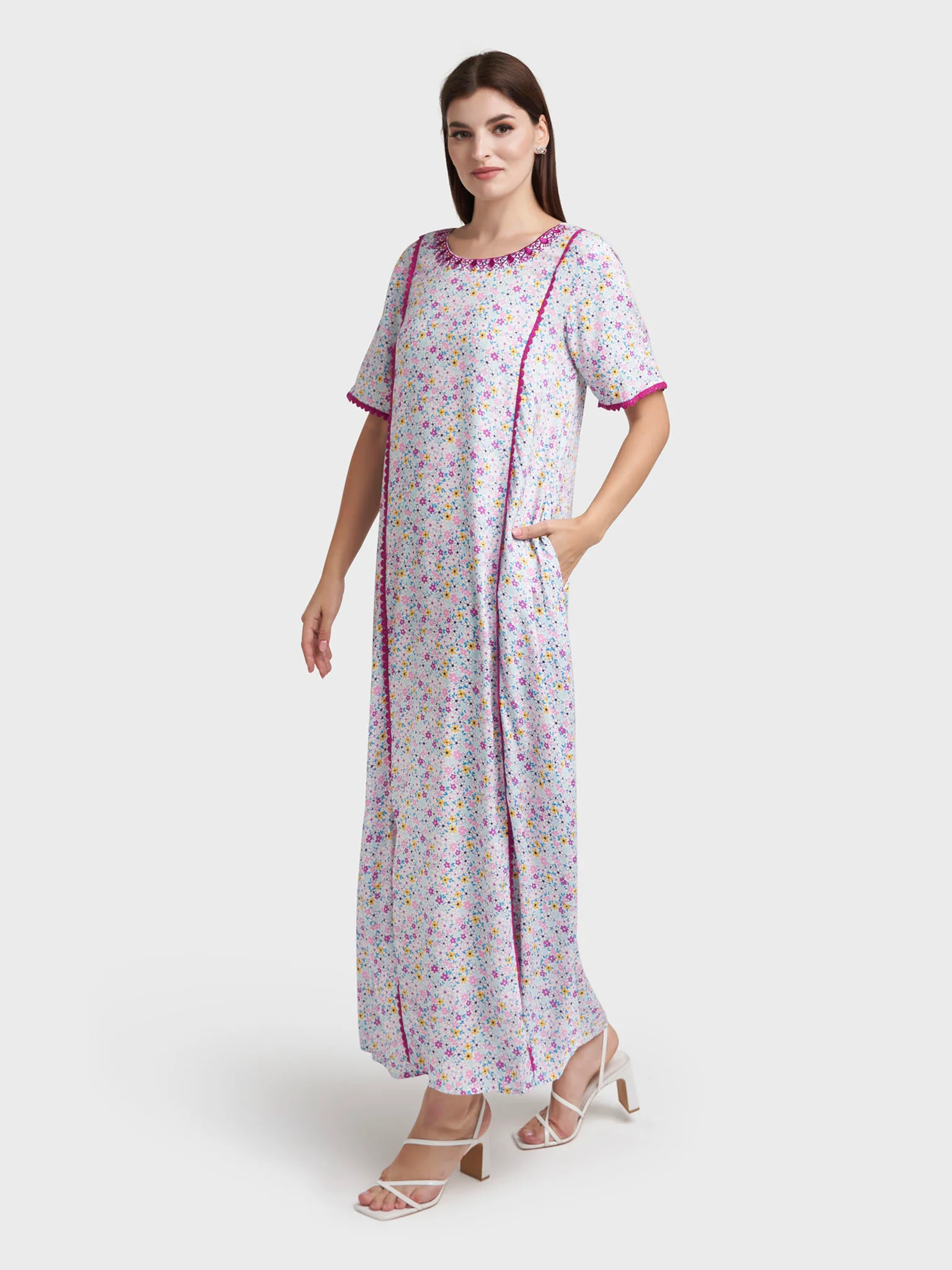 Purple Rayon Floral Print Embroidered Jalabiya (VW374) - Image 4