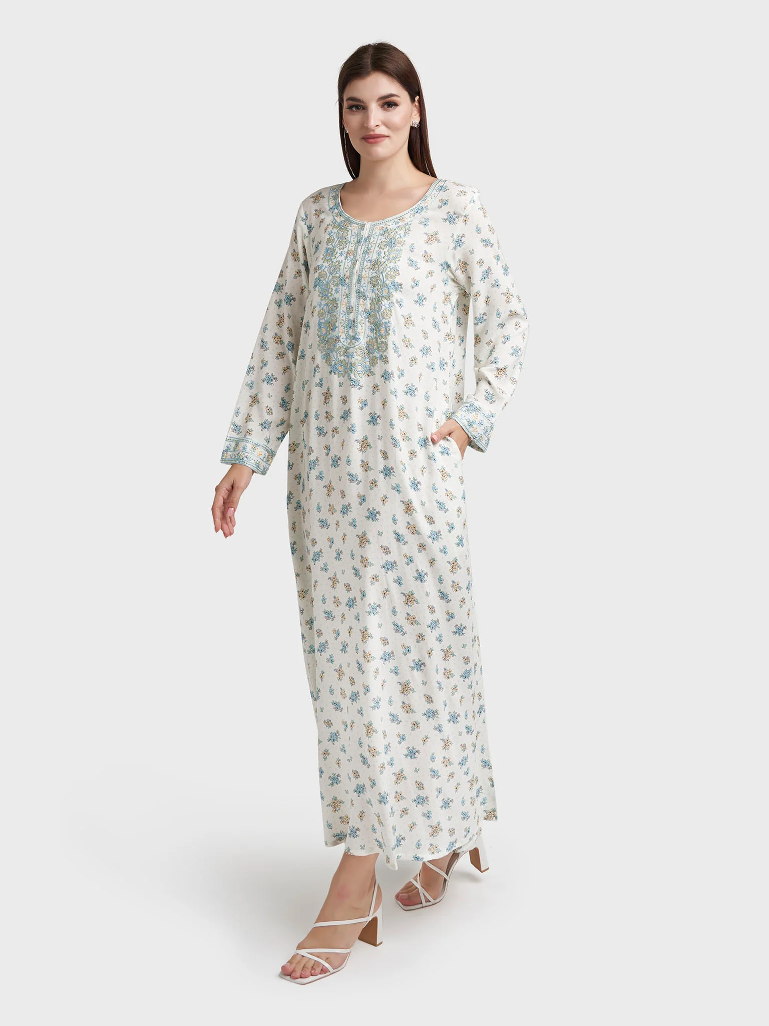 Off White Rayon Floral Print Jalabiya (VW375) - Image 3