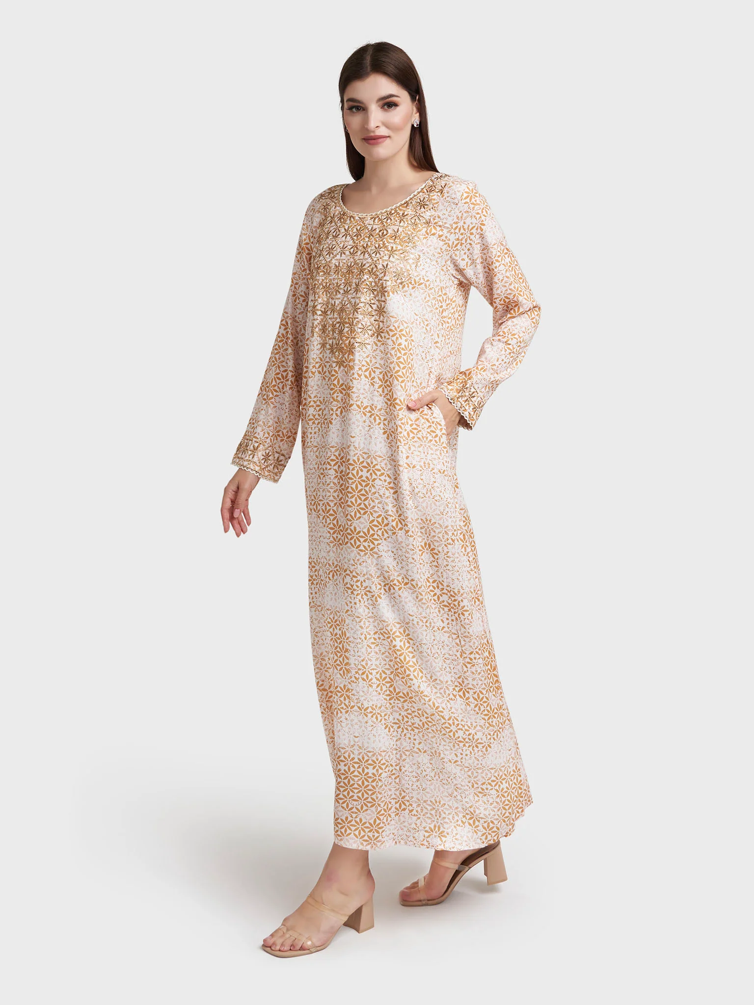 Light Brown Rayon Floral Print Jalabiya (VW384) - Image 3