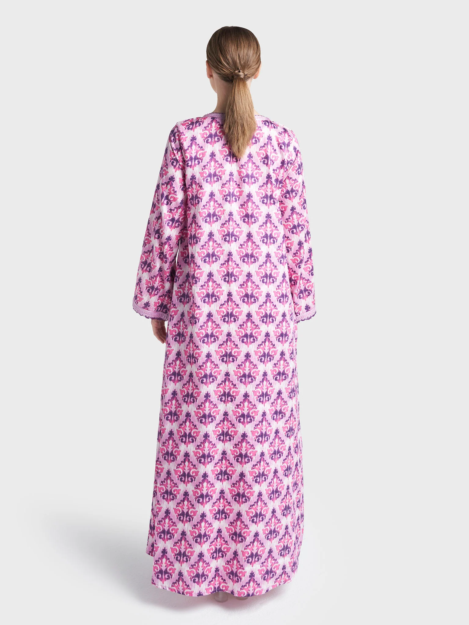 Lavender Colour Lace Work Cotton Satin Damask Printed Jalabiya (VW392) - Image 4