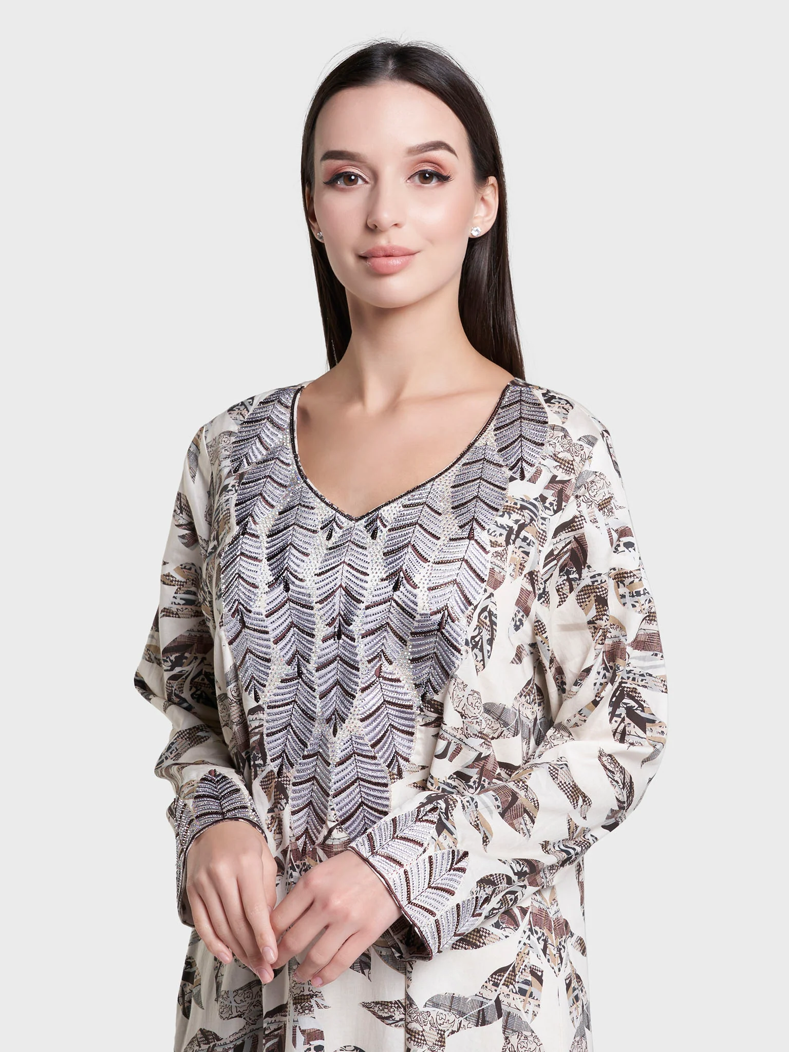 Light Beige Print Cotton Satin Mukhawar Jalabiya (VW433)