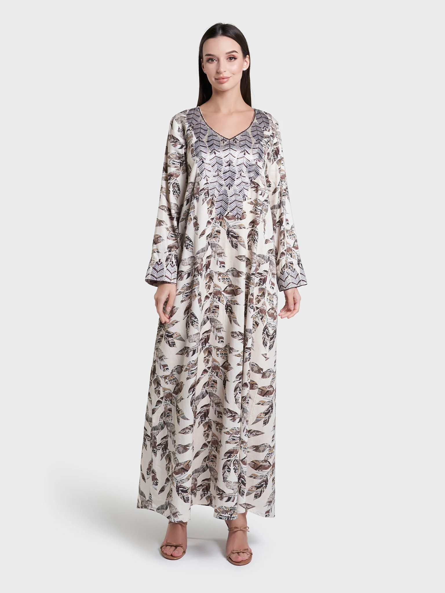 Light Beige Print Cotton Satin Mukhawar Jalabiya (VW433) - Image 2