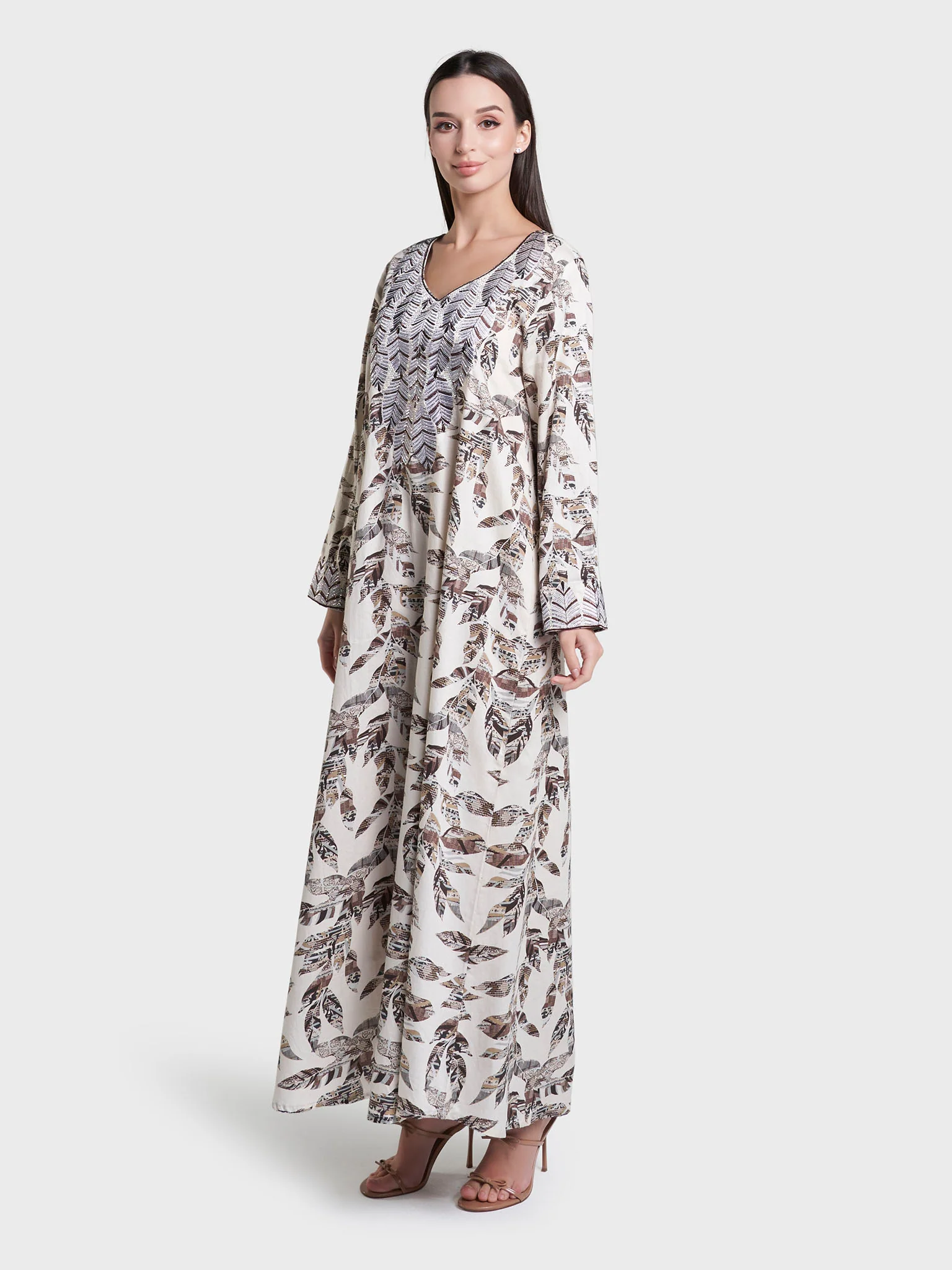 Light Beige Print Cotton Satin Mukhawar Jalabiya (VW433) - Image 3