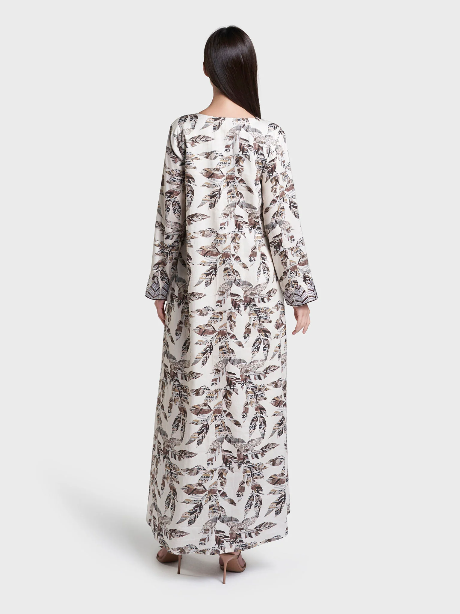 Light Beige Print Cotton Satin Mukhawar Jalabiya (VW433) - Image 4