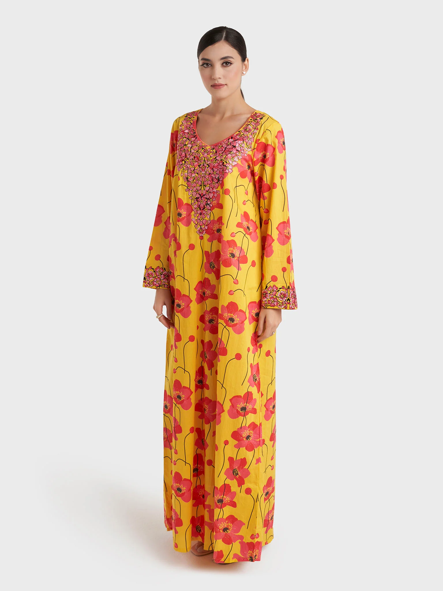 Yellow Floral Print Liberty Cotton Jalabiya (VW435) - Image 4