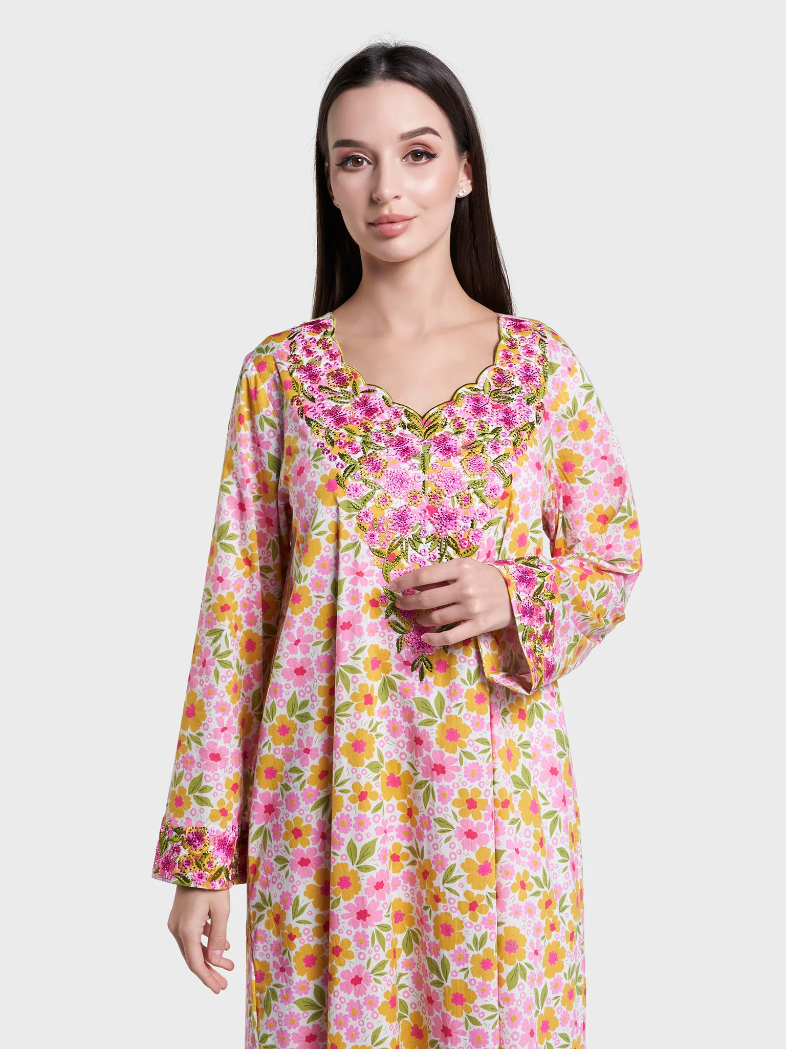 Pink Floral Print Cotton Mukhawar Jalabiya (VW440)
