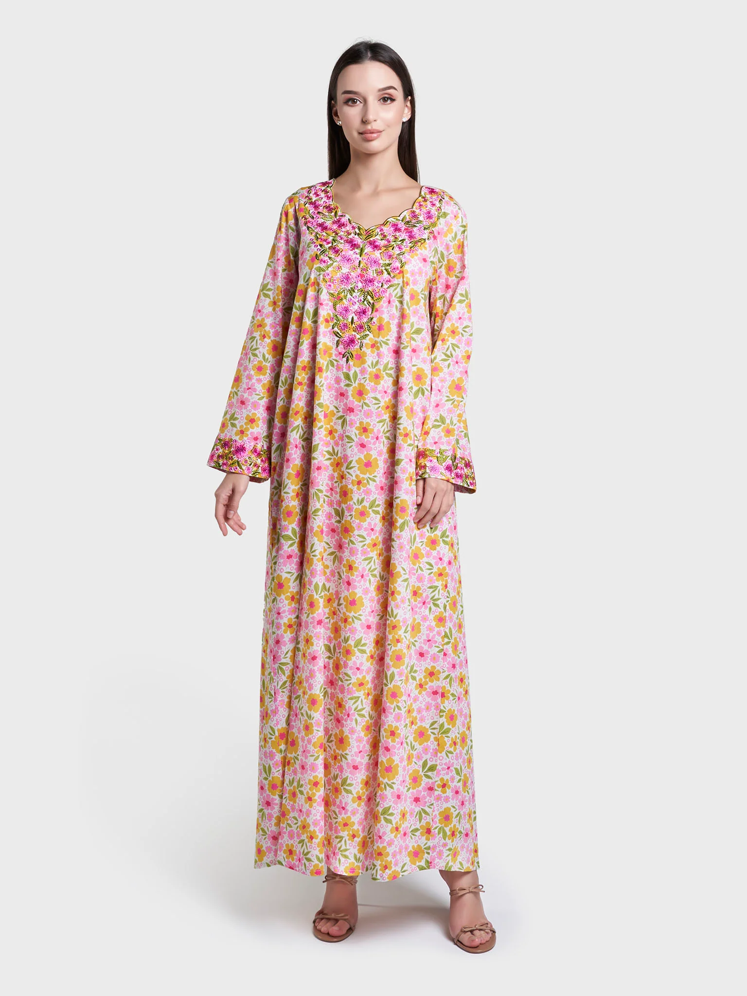 Pink Floral Print Cotton Mukhawar Jalabiya (VW440) - Image 2