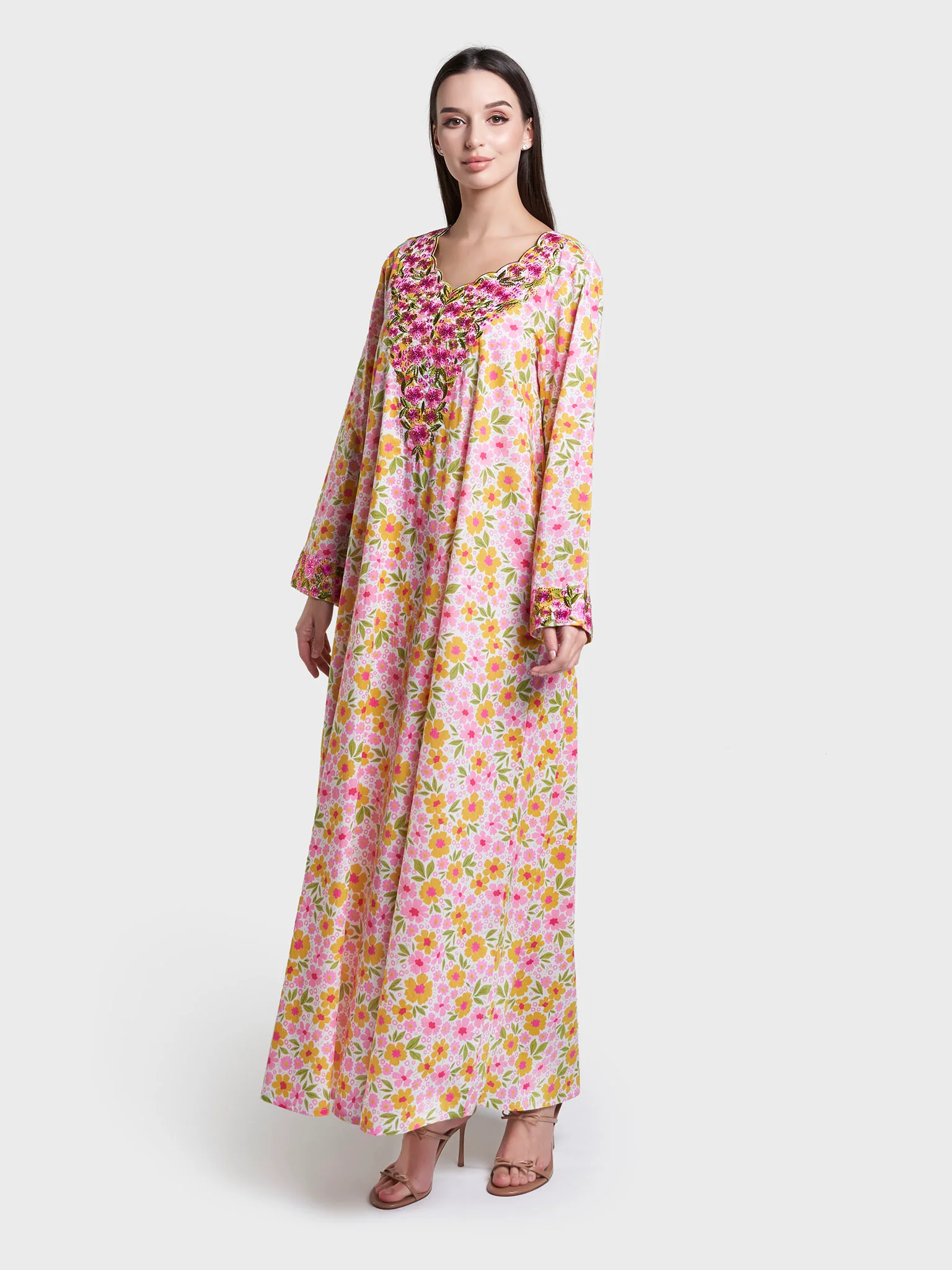 Pink Floral Print Cotton Mukhawar Jalabiya (VW440) - Image 3