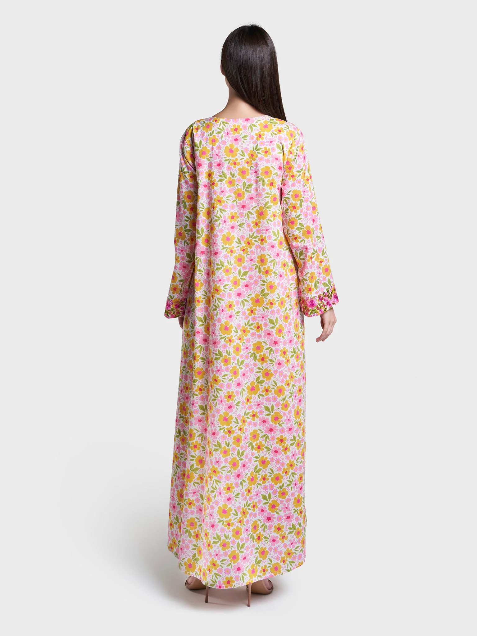Pink Floral Print Cotton Mukhawar Jalabiya (VW440) - Image 4