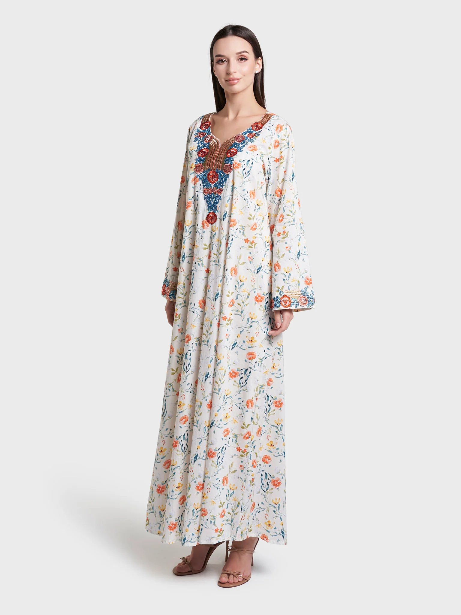 Off White Floral Print Cotton Mukhawar Jalabiya (VW453) - Image 3