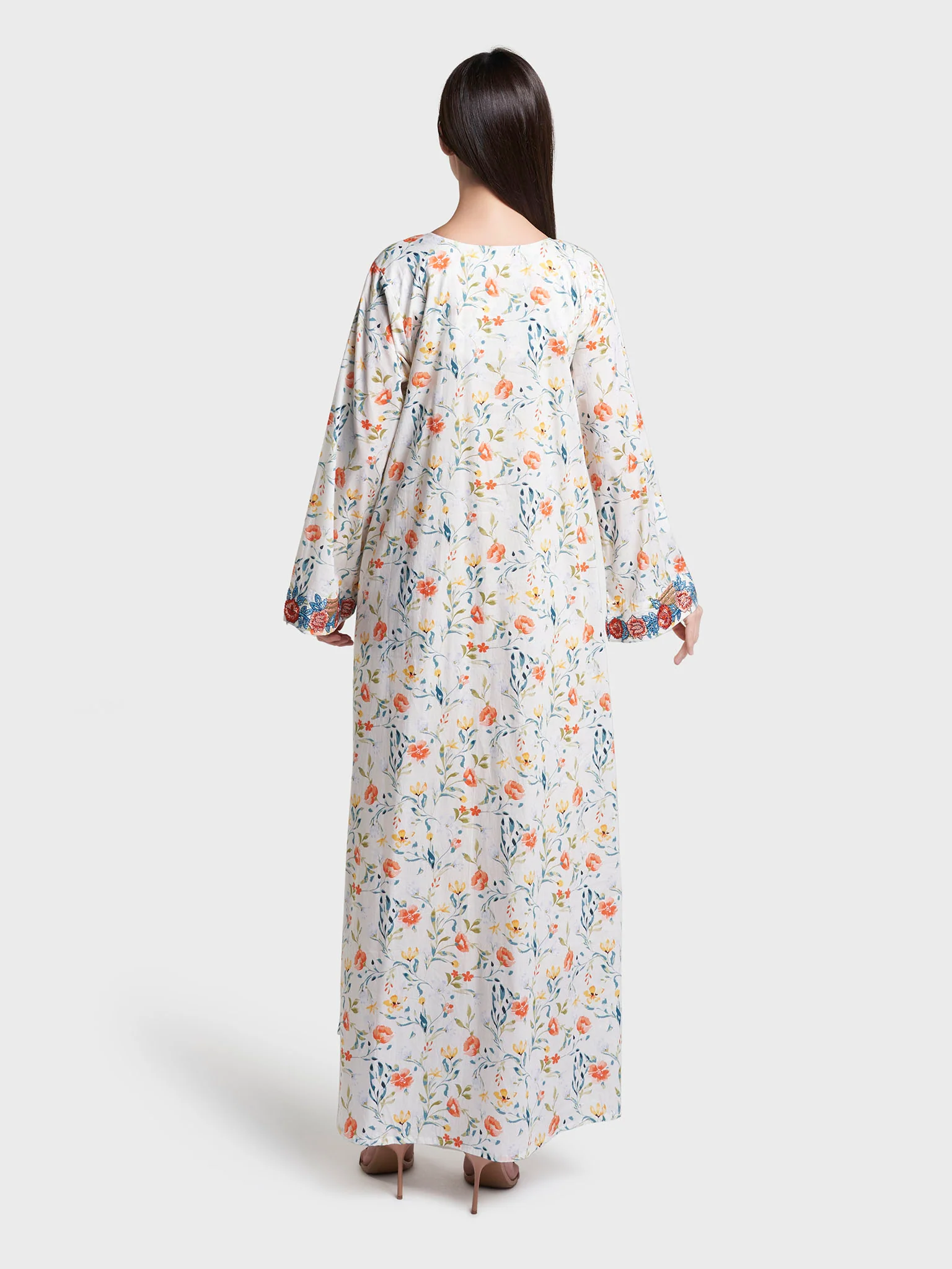 Off White Floral Print Cotton Mukhawar Jalabiya (VW453) - Image 4
