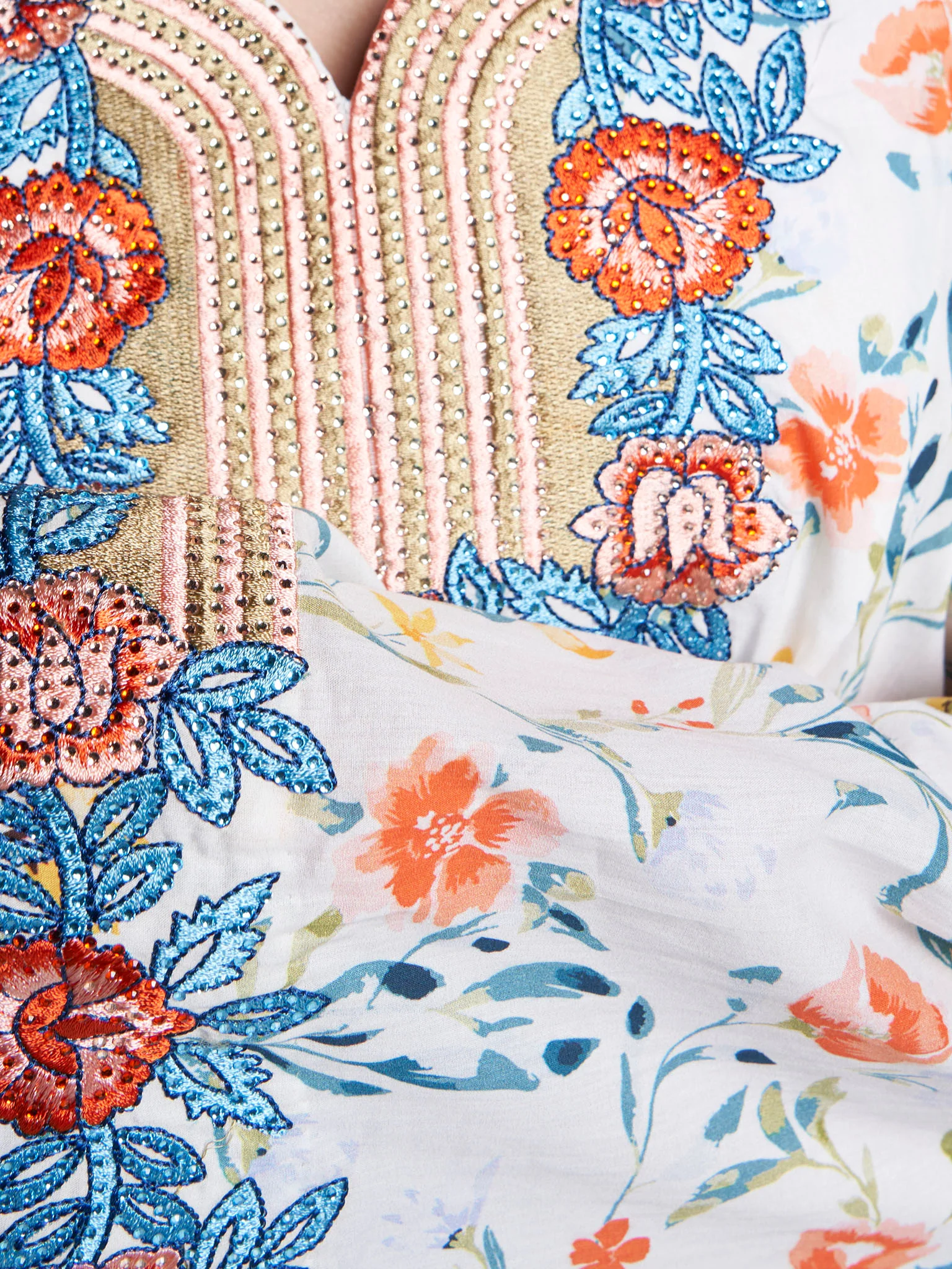 Off White Floral Print Cotton Mukhawar Jalabiya (VW453) - Image 5