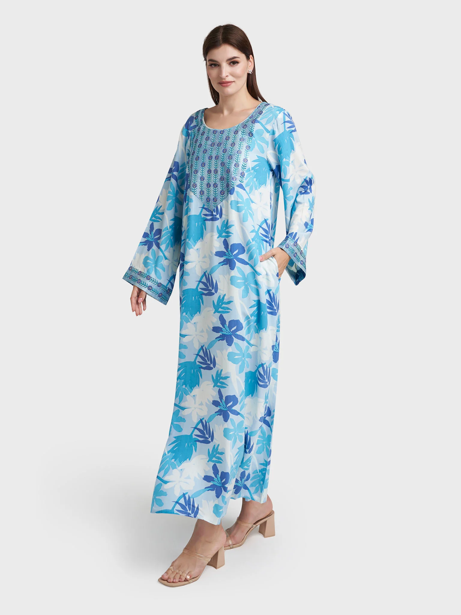 Blue Rayon Floral Print Stonework Jalabiya (VW502) - Image 3