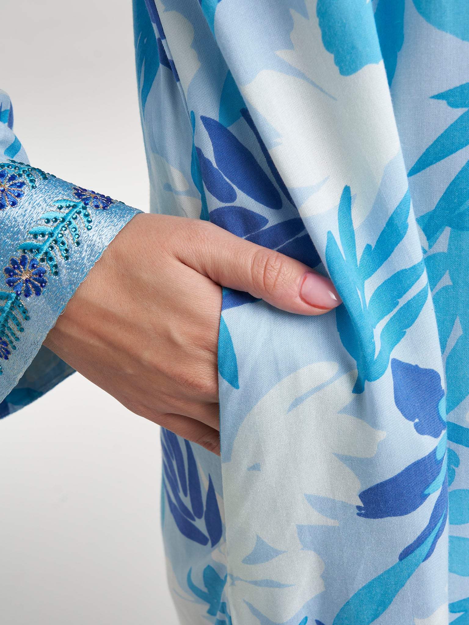Blue Rayon Floral Print Stonework Jalabiya (VW502) - Image 6