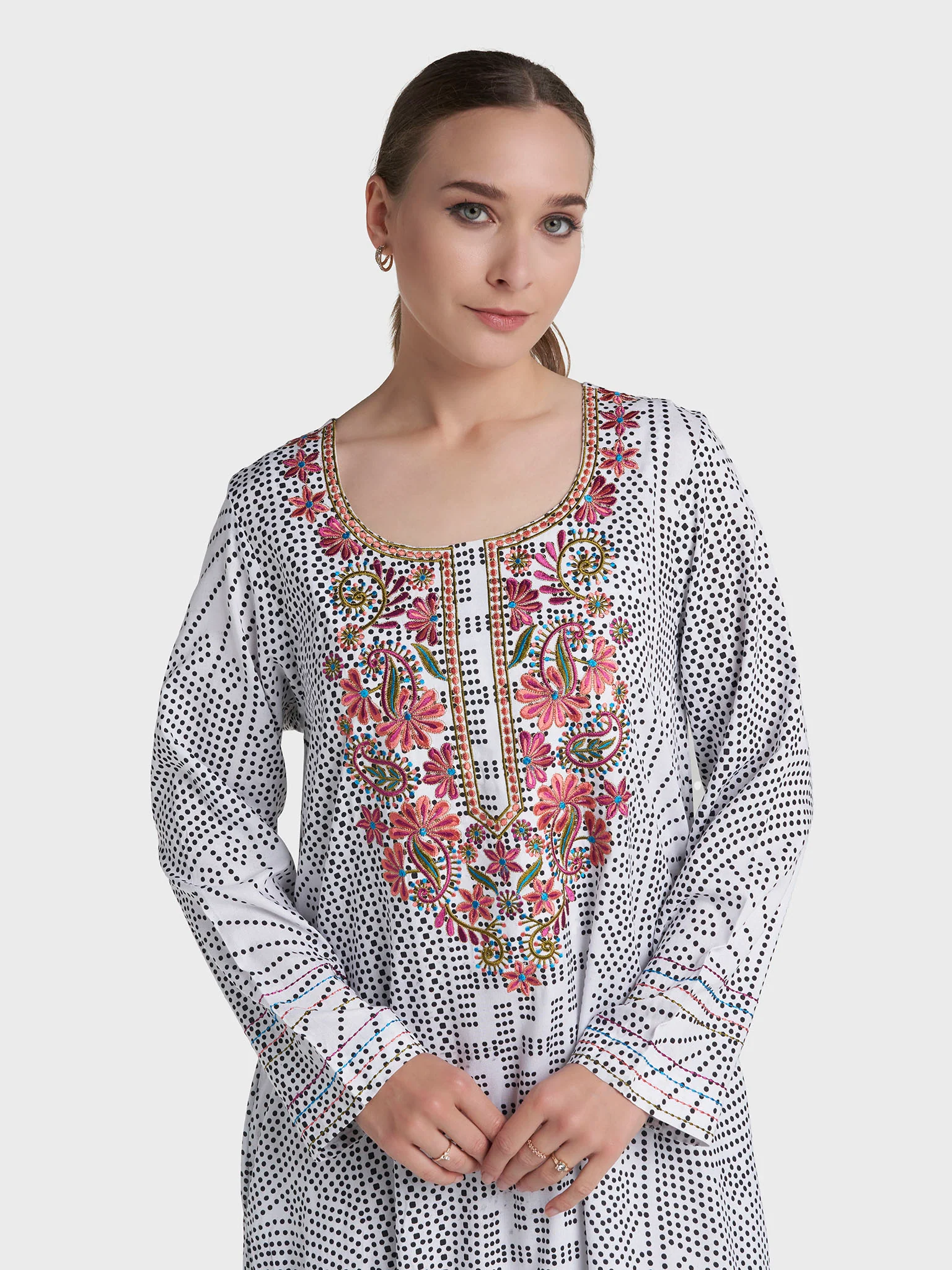 White Colour Hand Work Rayon Geometric Printed Jalabiya (VW511)