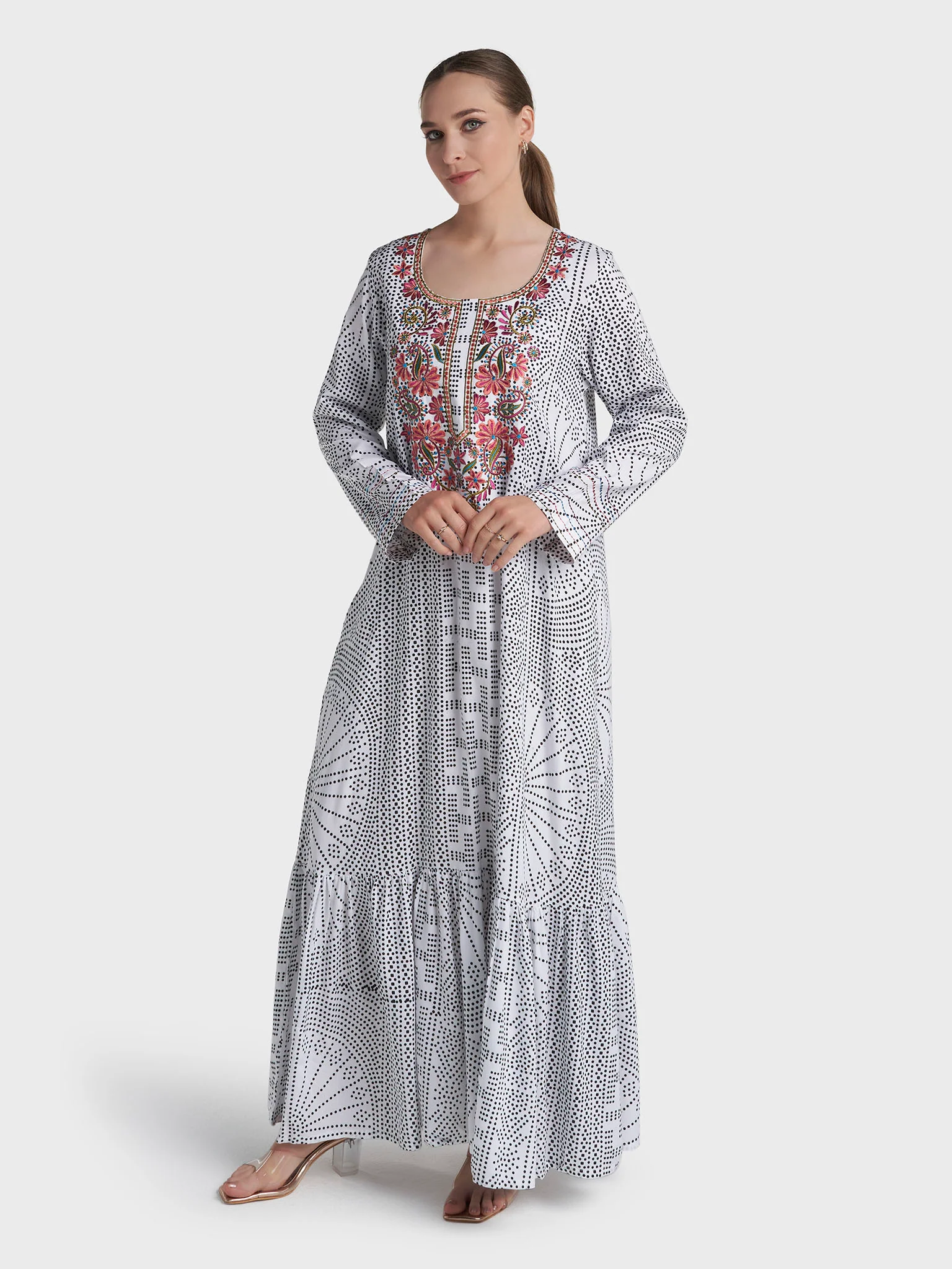 White Colour Hand Work Rayon Geometric Printed Jalabiya (VW511) - Image 3