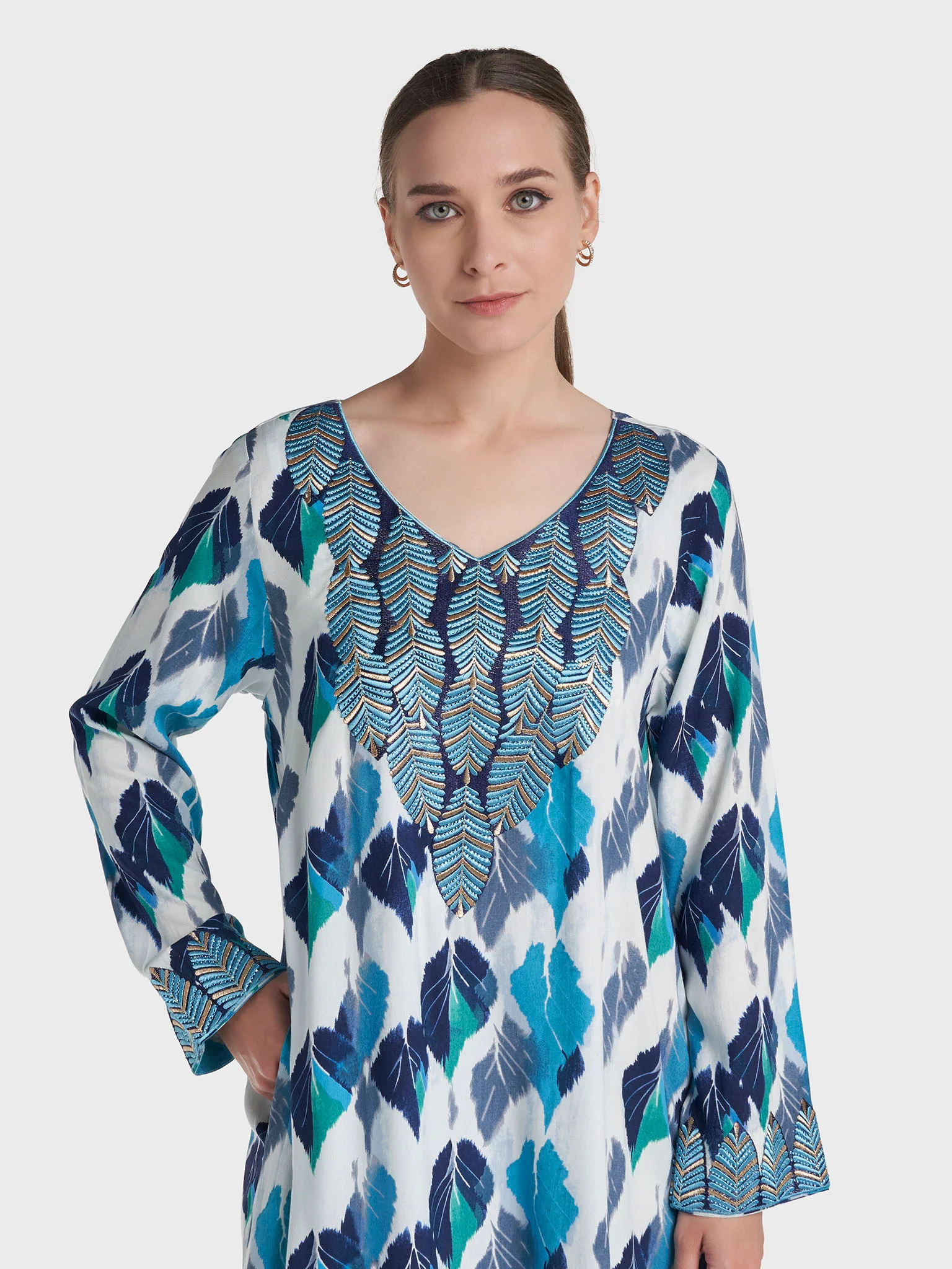 Blue Colour Stone Work Rayon Leaf Printed Jalabiya (VW522)