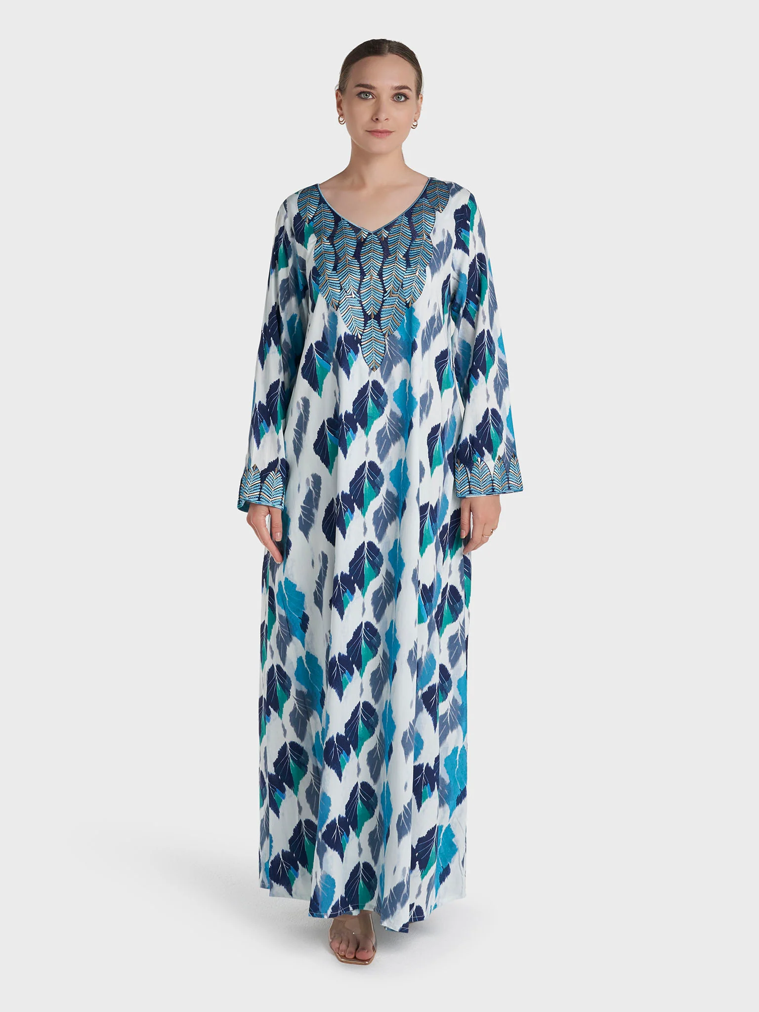 Blue Colour Stone Work Rayon Leaf Printed Jalabiya (VW522) - Image 2