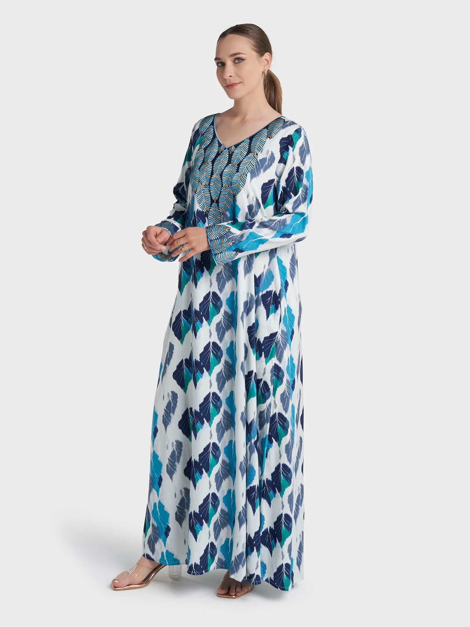 Blue Colour Stone Work Rayon Leaf Printed Jalabiya (VW522) - Image 3