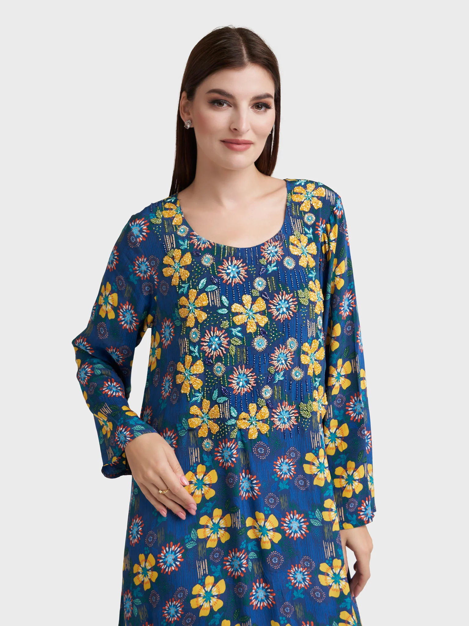 Navy Blue Viscose Crepe Floral Print Jalabiya (VW56)