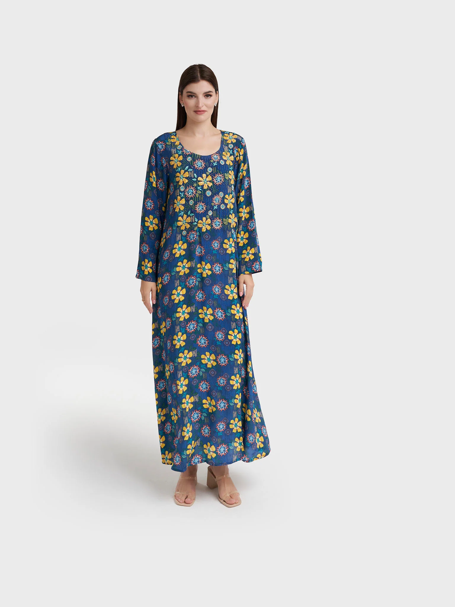 Navy Blue Viscose Crepe Floral Print Jalabiya (VW56) - Image 2