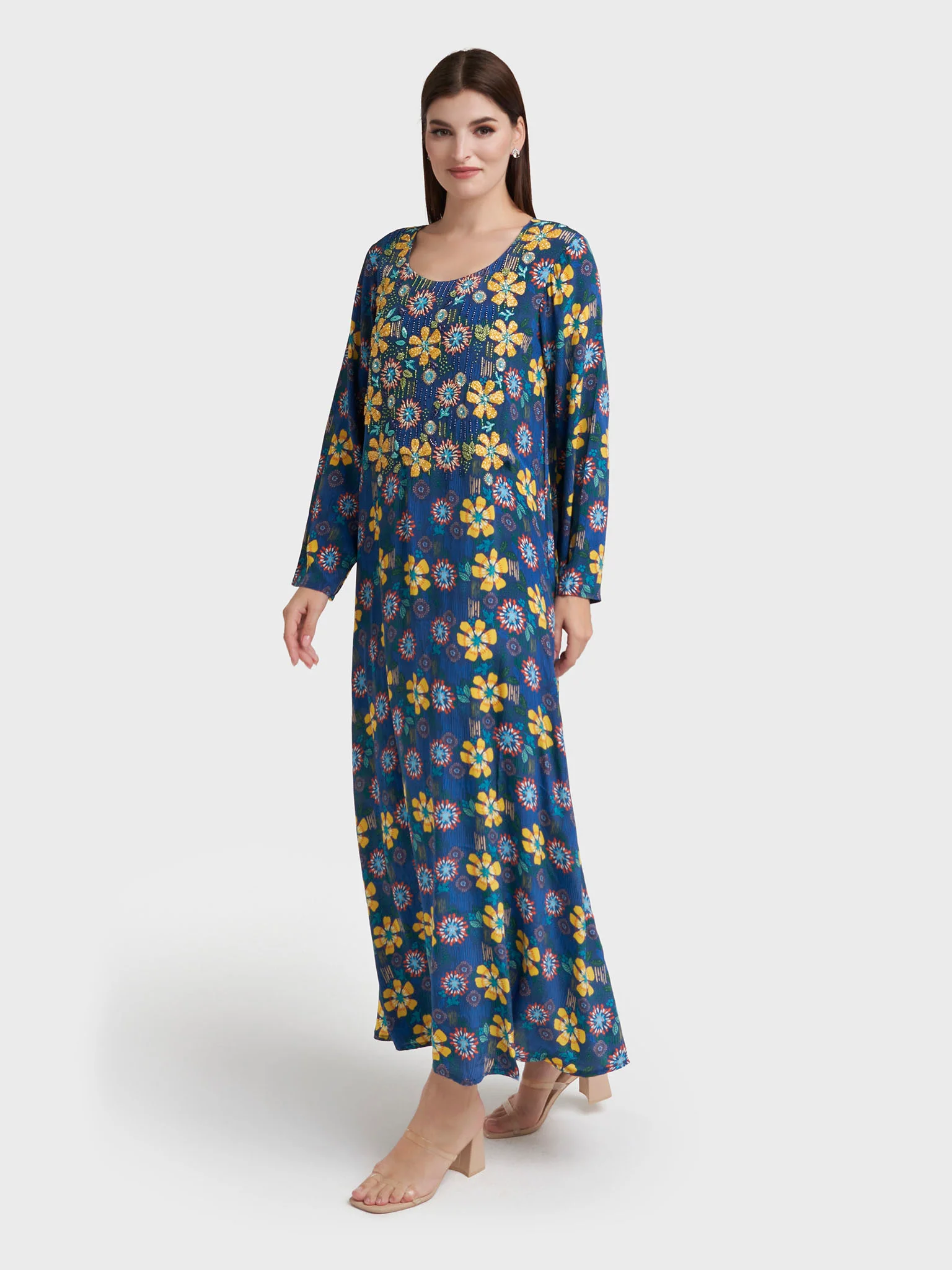 Navy Blue Viscose Crepe Floral Print Jalabiya (VW56) - Image 3