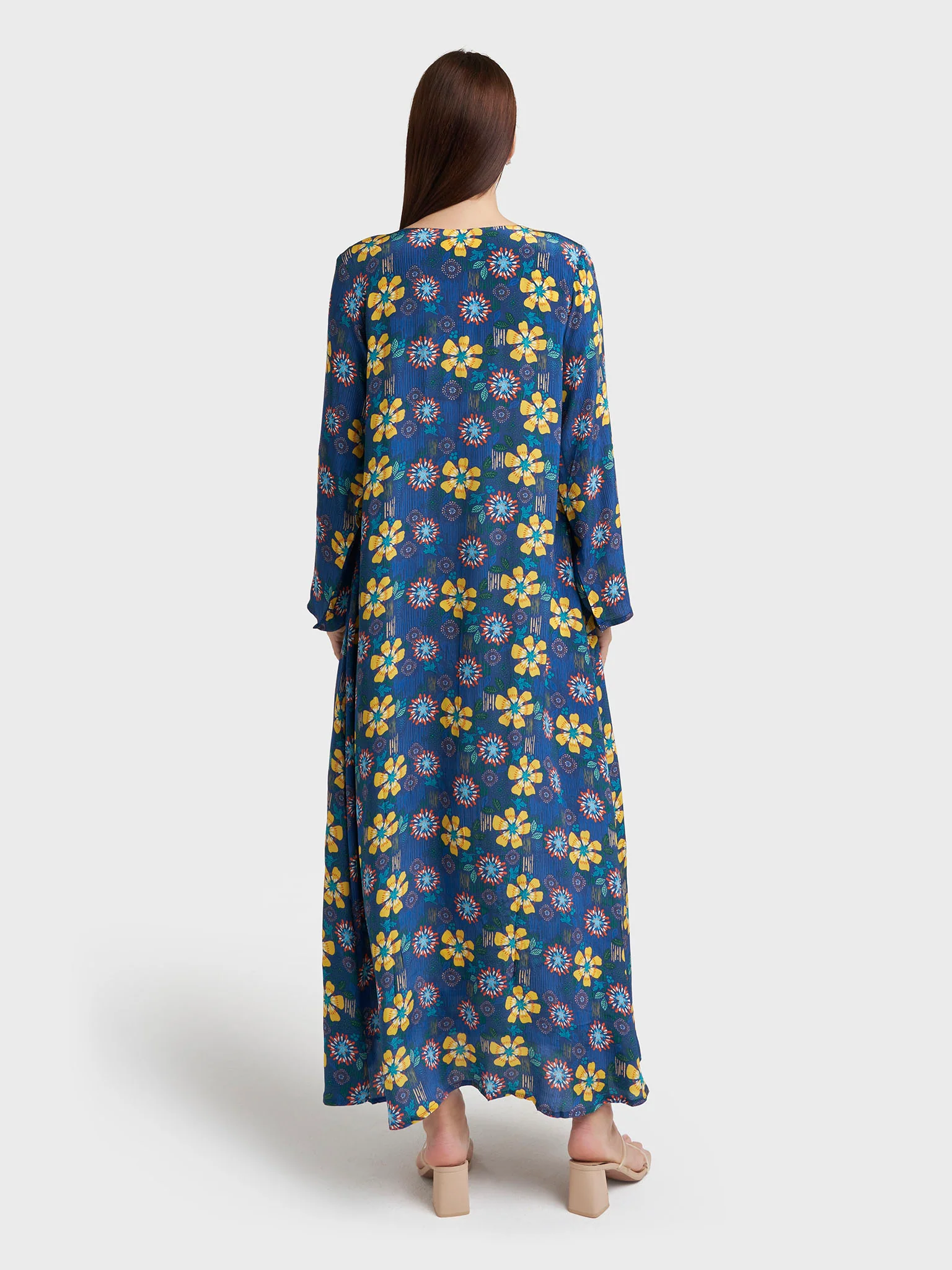 Navy Blue Viscose Crepe Floral Print Jalabiya (VW56) - Image 4