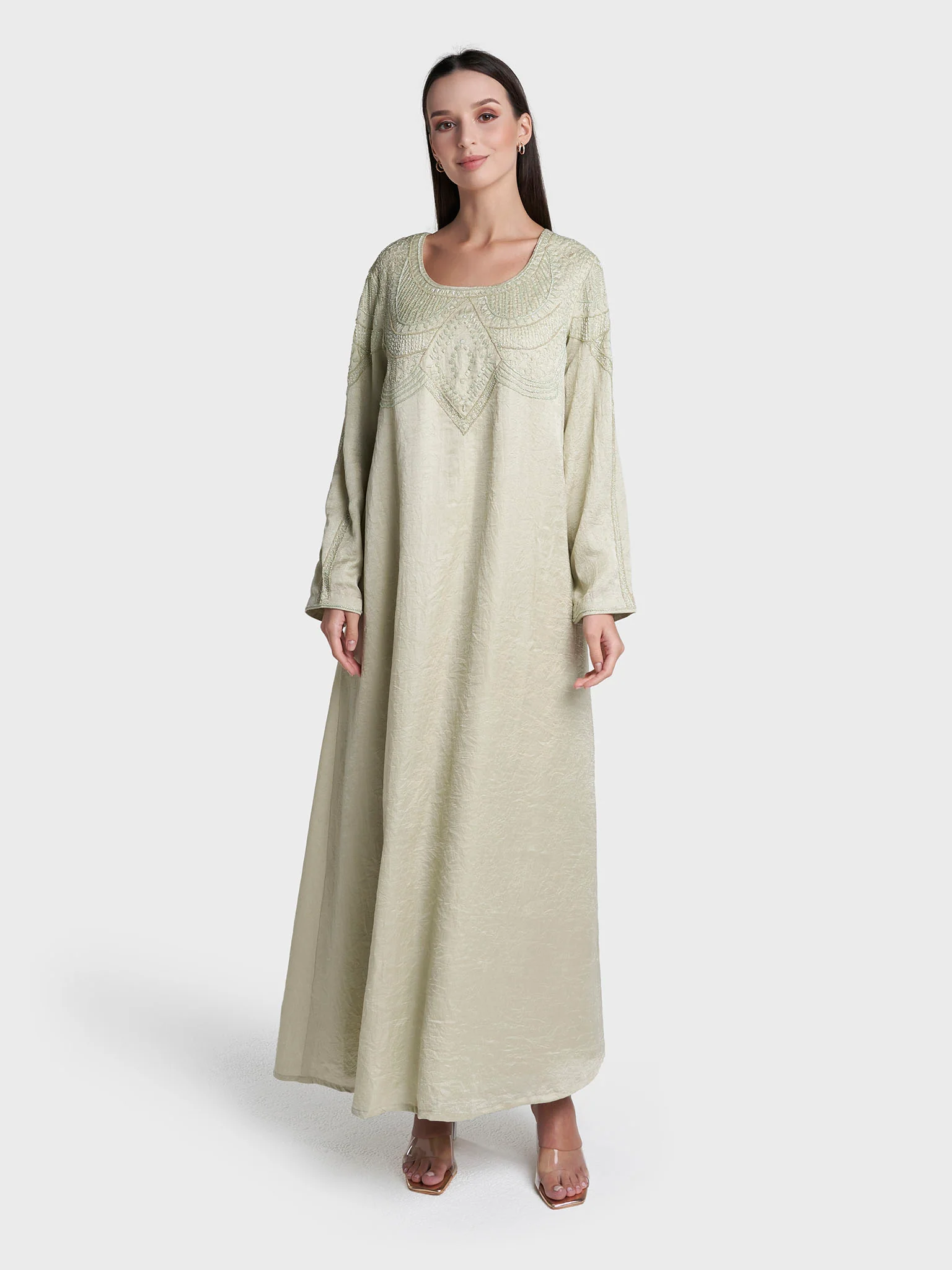 Sage Colour Hand Work Tashan Silk Jalabiya (VW84) - Image 2