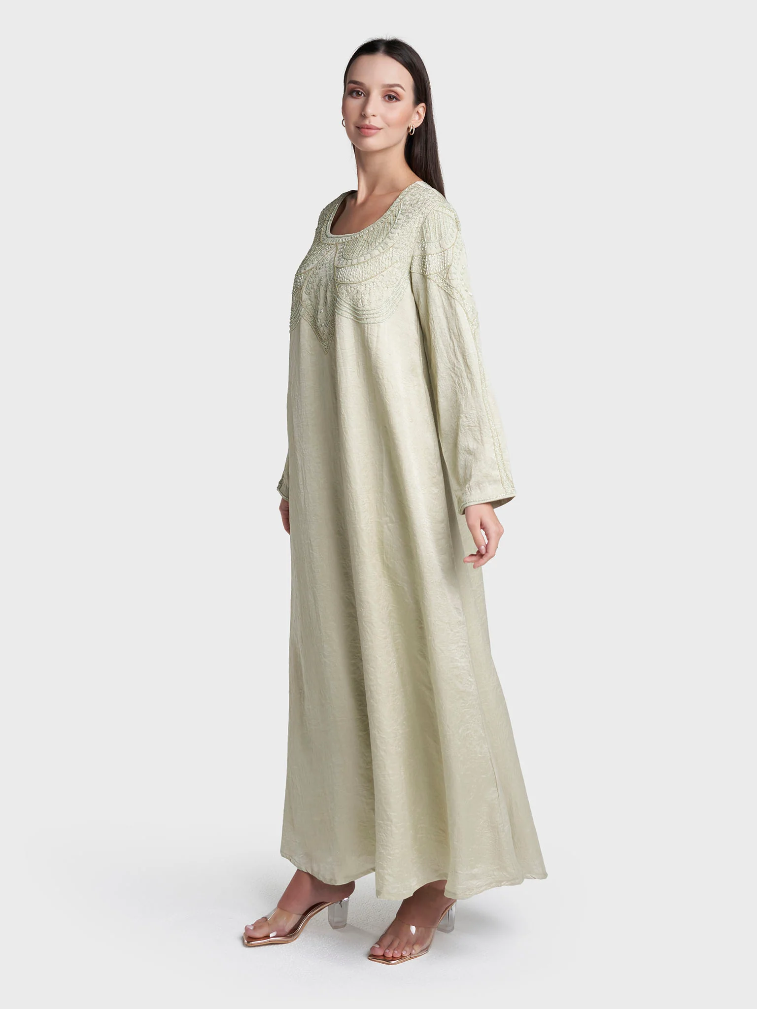 Sage Colour Hand Work Tashan Silk Jalabiya (VW84) - Image 3