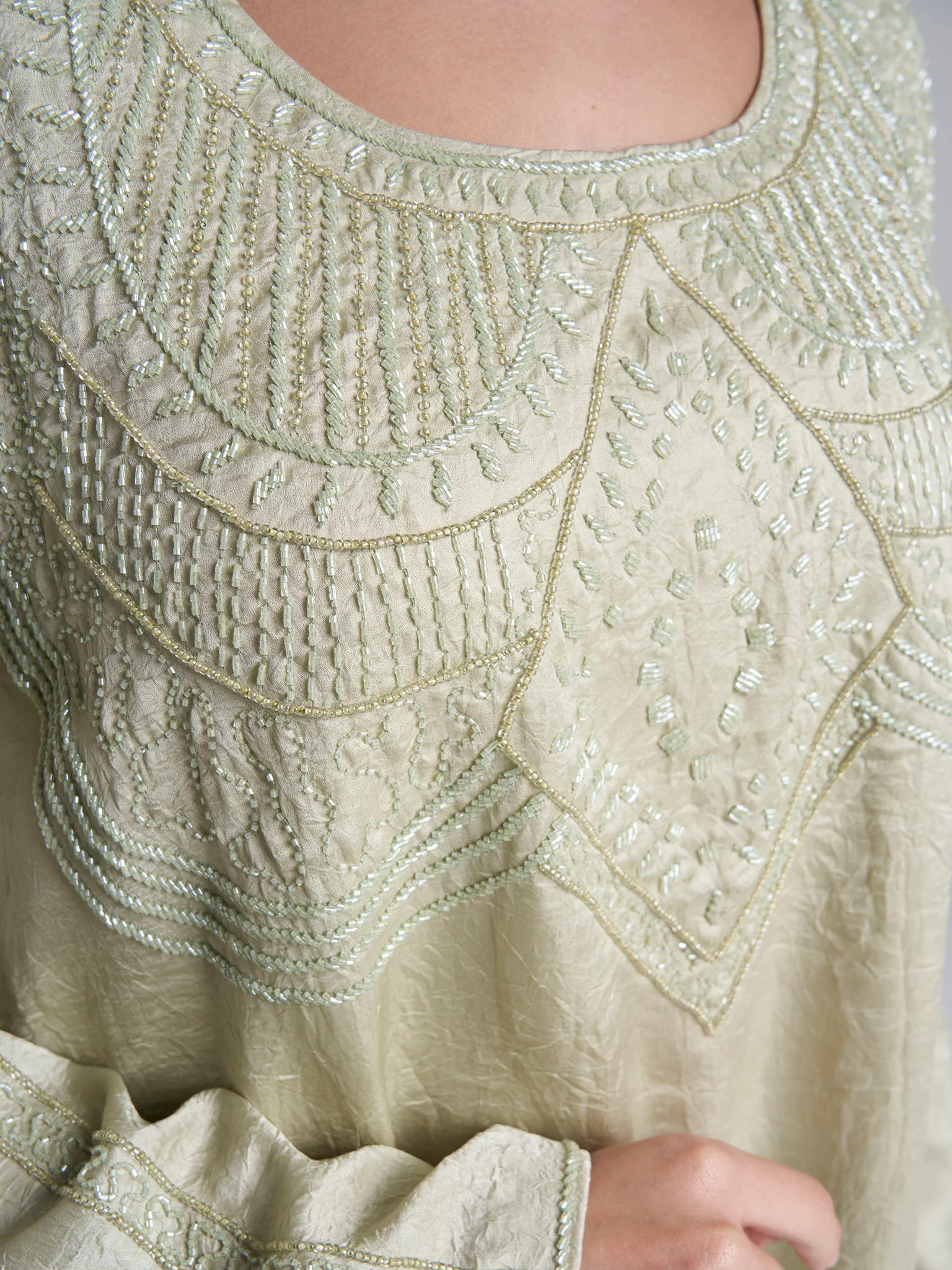 Sage Colour Hand Work Tashan Silk Jalabiya (VW84) - Image 5