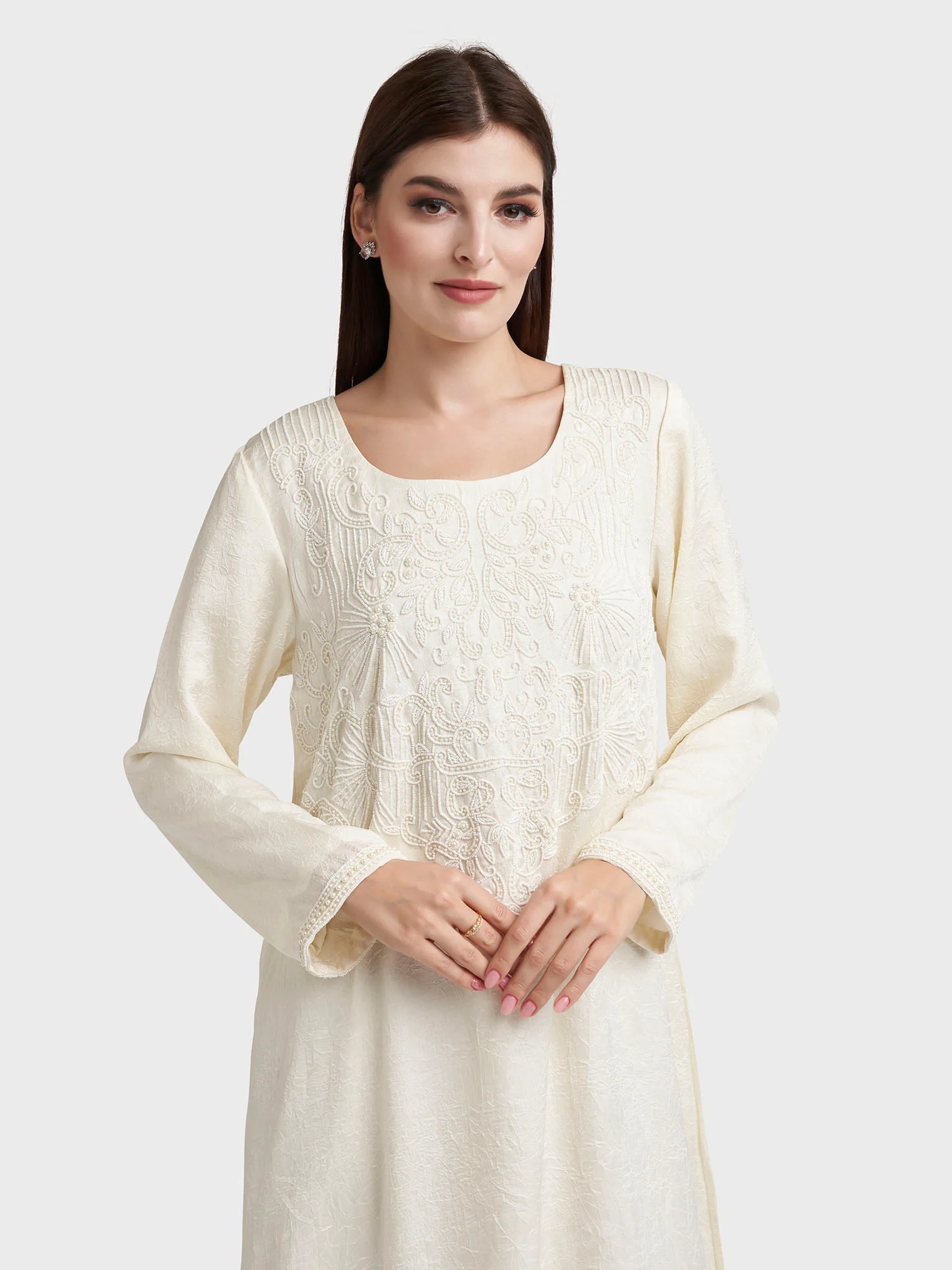 Solid Cream Colour Tashan Silk Jalabiya with Bead Work (VW86)