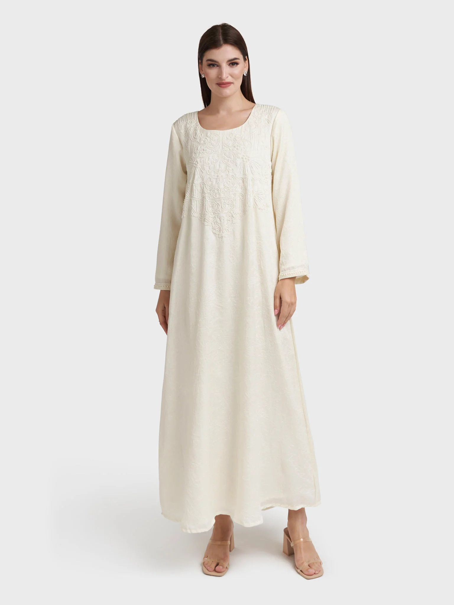 Solid Cream Colour Tashan Silk Jalabiya with Bead Work (VW86) - Image 2