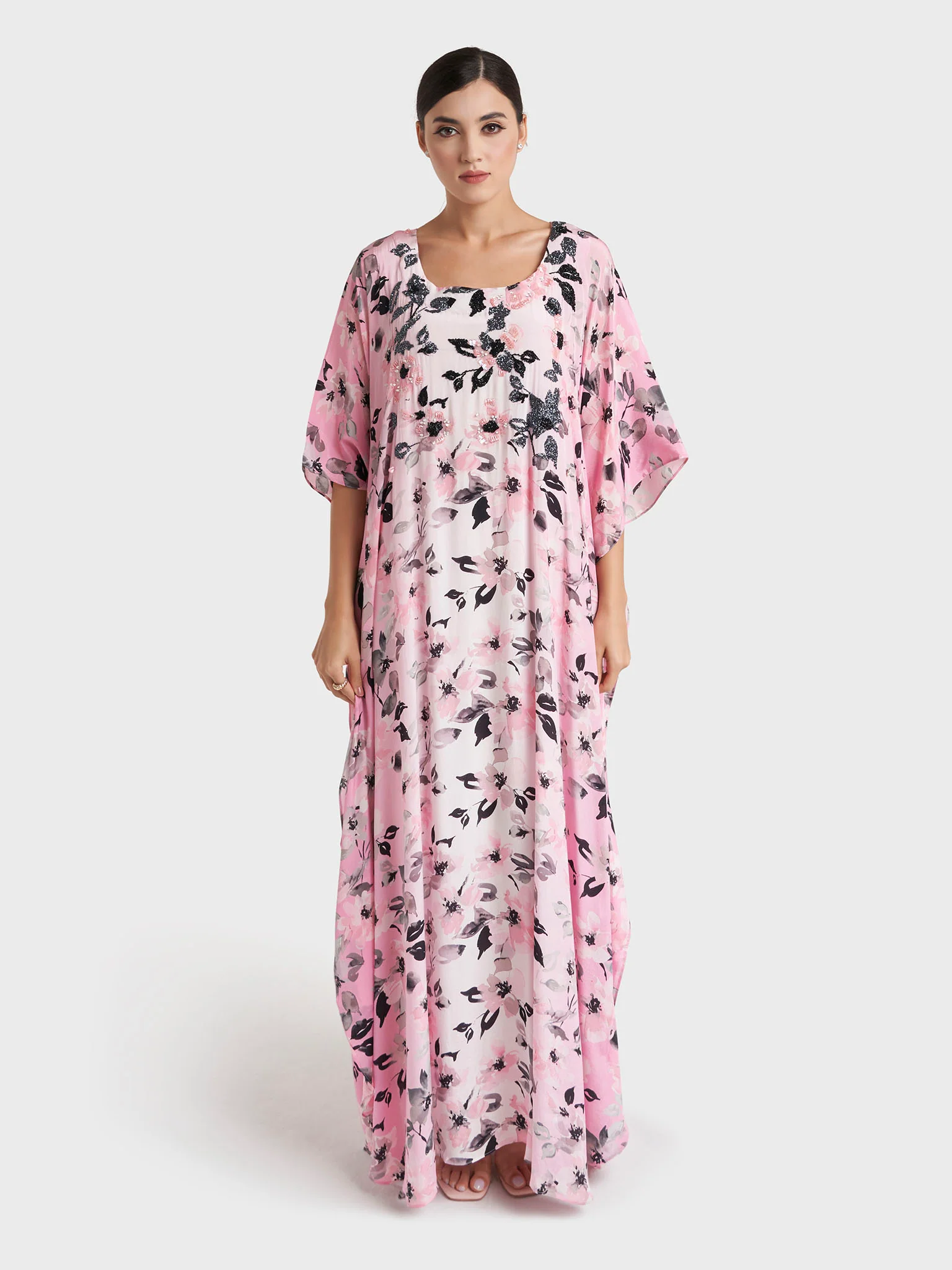 Pink Floral Print Viscose Crepe Farasha Poncho (VW474) - Image 2